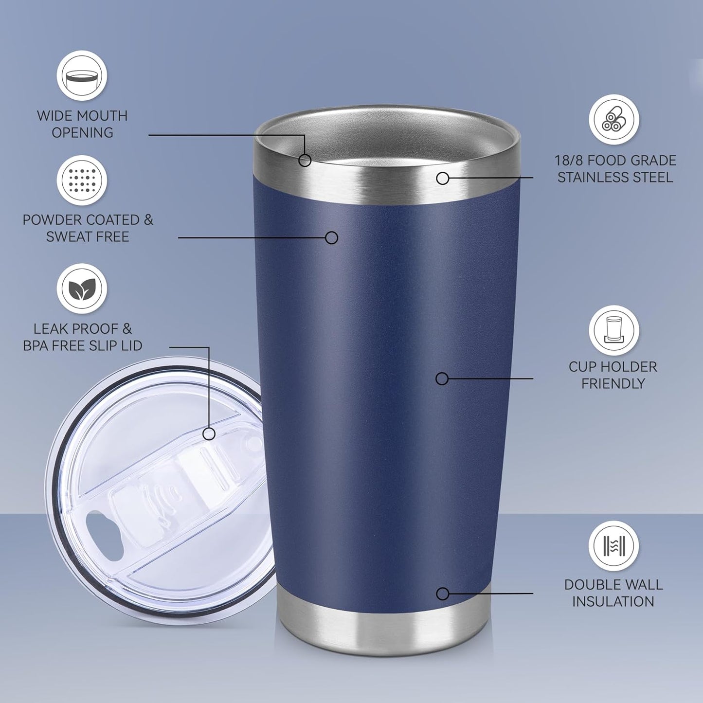 20 oz Tumbler Stainless Steel Tumblers Bulk with Lid Double Wall Insulated Coffee Tumbler Cups for Hot & Cold Drinks Powder Coated Travel Coffee Tumbler Mug Metal (Navy Blue, 6 pack)