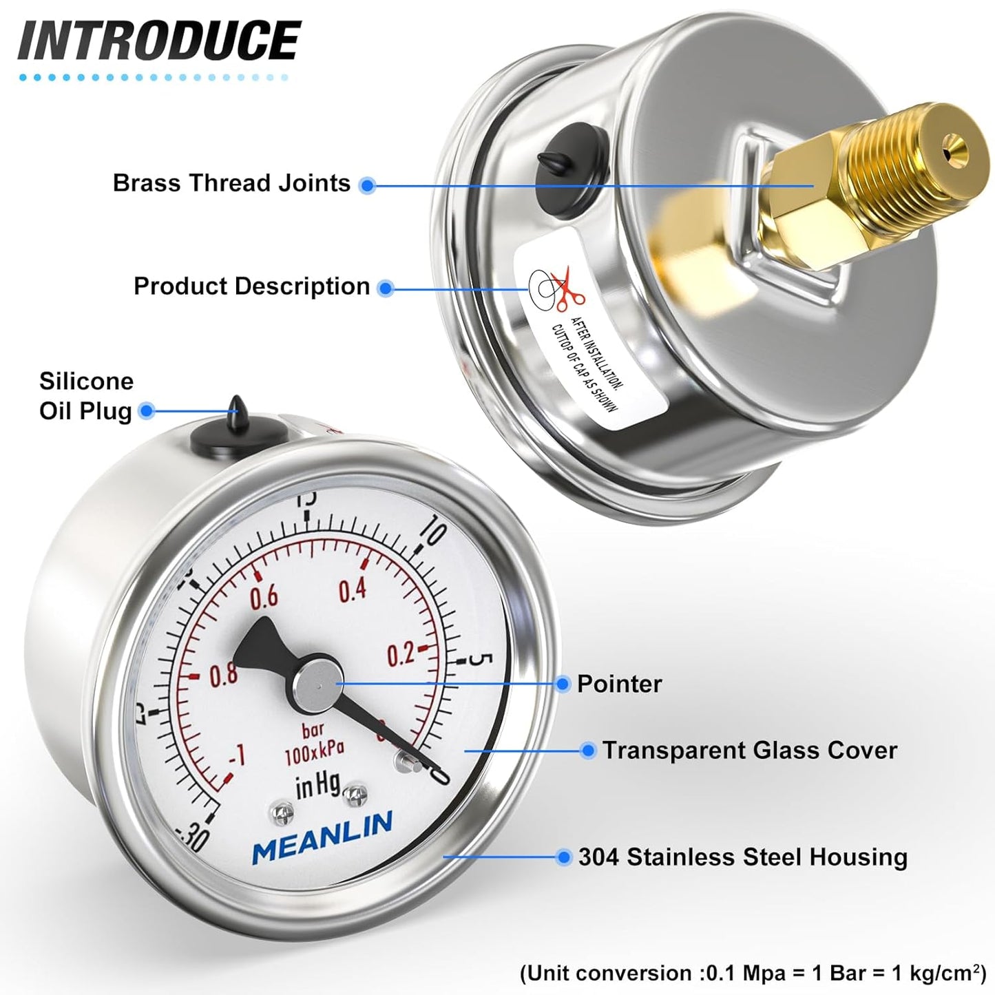 MEANLIN MEASURE -30inHG~0Psi Vacuum Gauge Stainless Steel 1/4" NPT 2" FACE DIAL Waterproof for Air Compressor HVAC Negative Pressure Hand Pump Pool Back Mount with 1/2" NPT and 3/8" NPT Hex Bushing