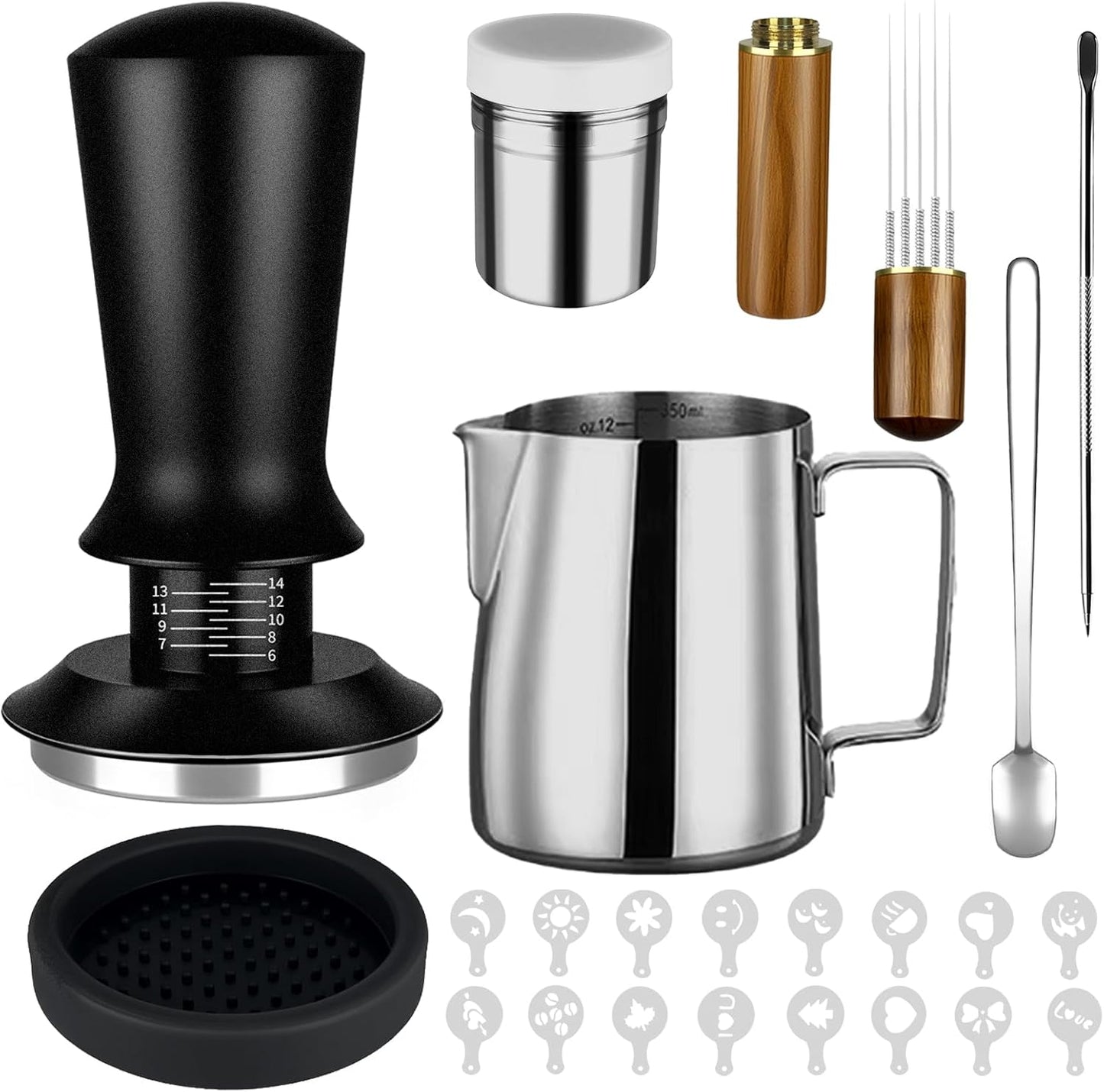 23Pcs Espresso Accessories, 51mm Coffee Espresso Tamper Kit, Espresso Machine Accessories Set, with Espress Stirrer | 350ml Milk Pitcher | Coffee Powder Dispenser | Latte Art Kit for Espresso Machine