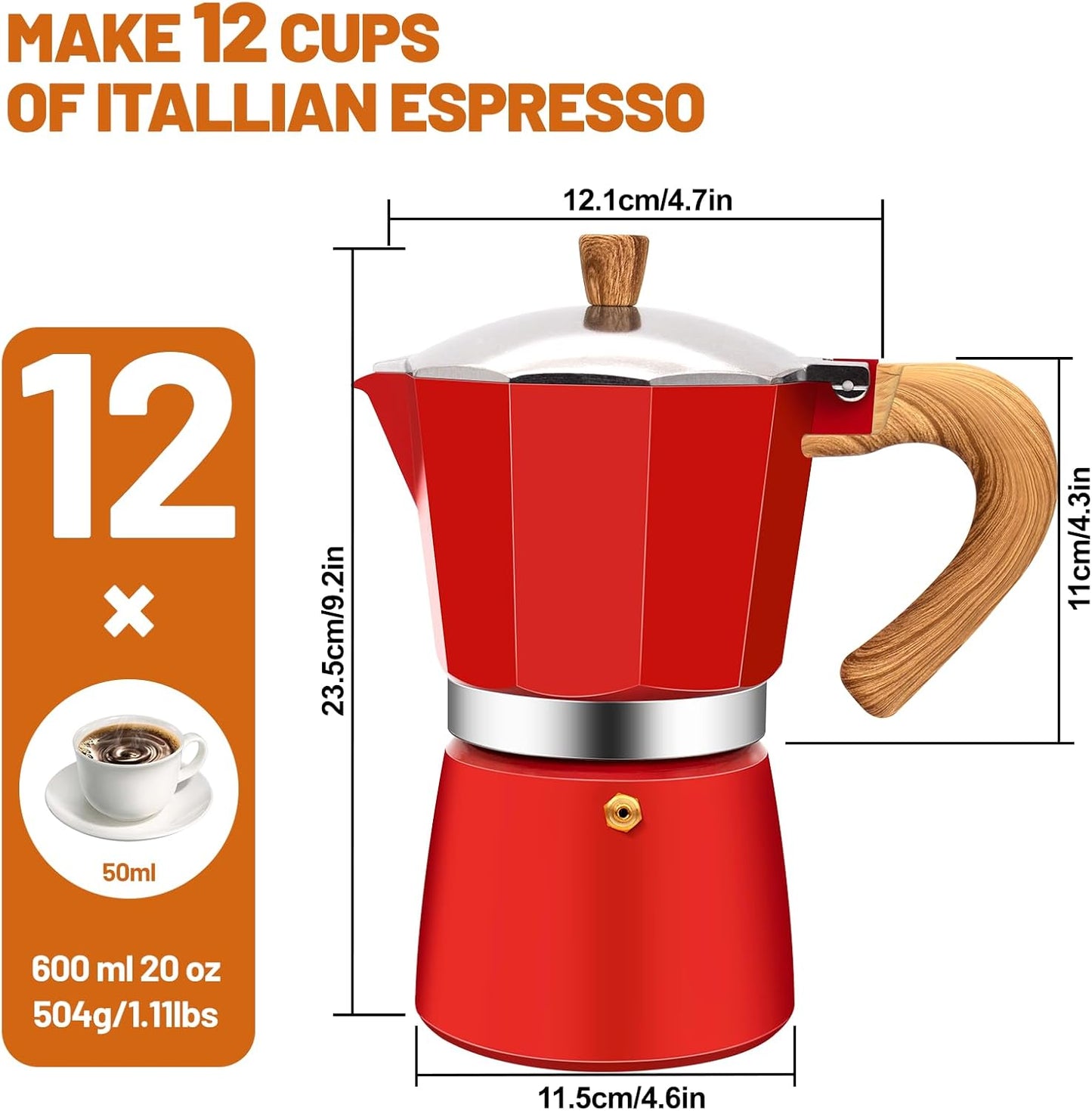 12 Cup Aluminum Espresso Stovetop Moka Pot Express Coffee Maker Percolator Italian Classic Mocha Coffee Machine for Italian and Cuban Cafe Brewing for Home & Camping 600ml 20oz