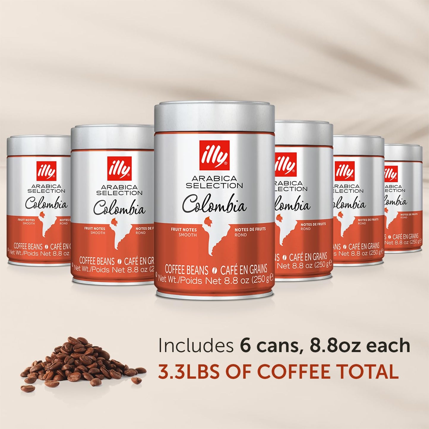 illy Whole Bean Coffee, Arabica Selections, Colombia, Single Origin, Smooth with Notes of Citrus Fruits, 100% Arabica Beans, All-Natural, No Preservatives, 8.8 Ounce Can (Pack of 6)
