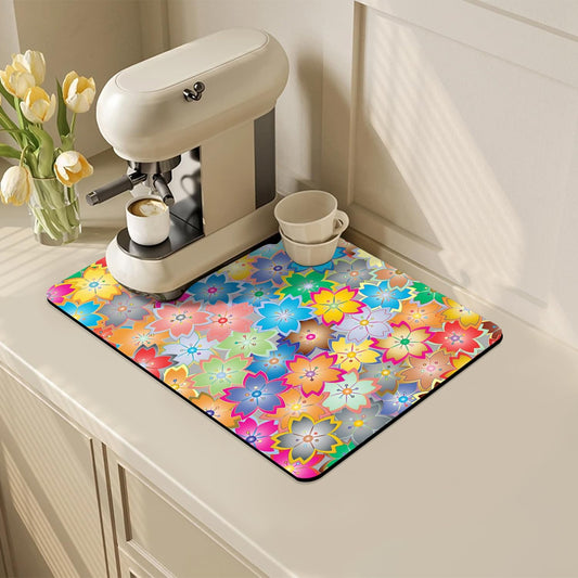 Coffee Mat for Kitchen Counter - Hide Stain Absorbent Dish Drying Mat, Rubber Coffee Bar Mats, Drying Pads, Accessories Fit Under Tea Pot, Cafe Maker, Espresso Machine, Dish Rack, 19"x12", Flowers