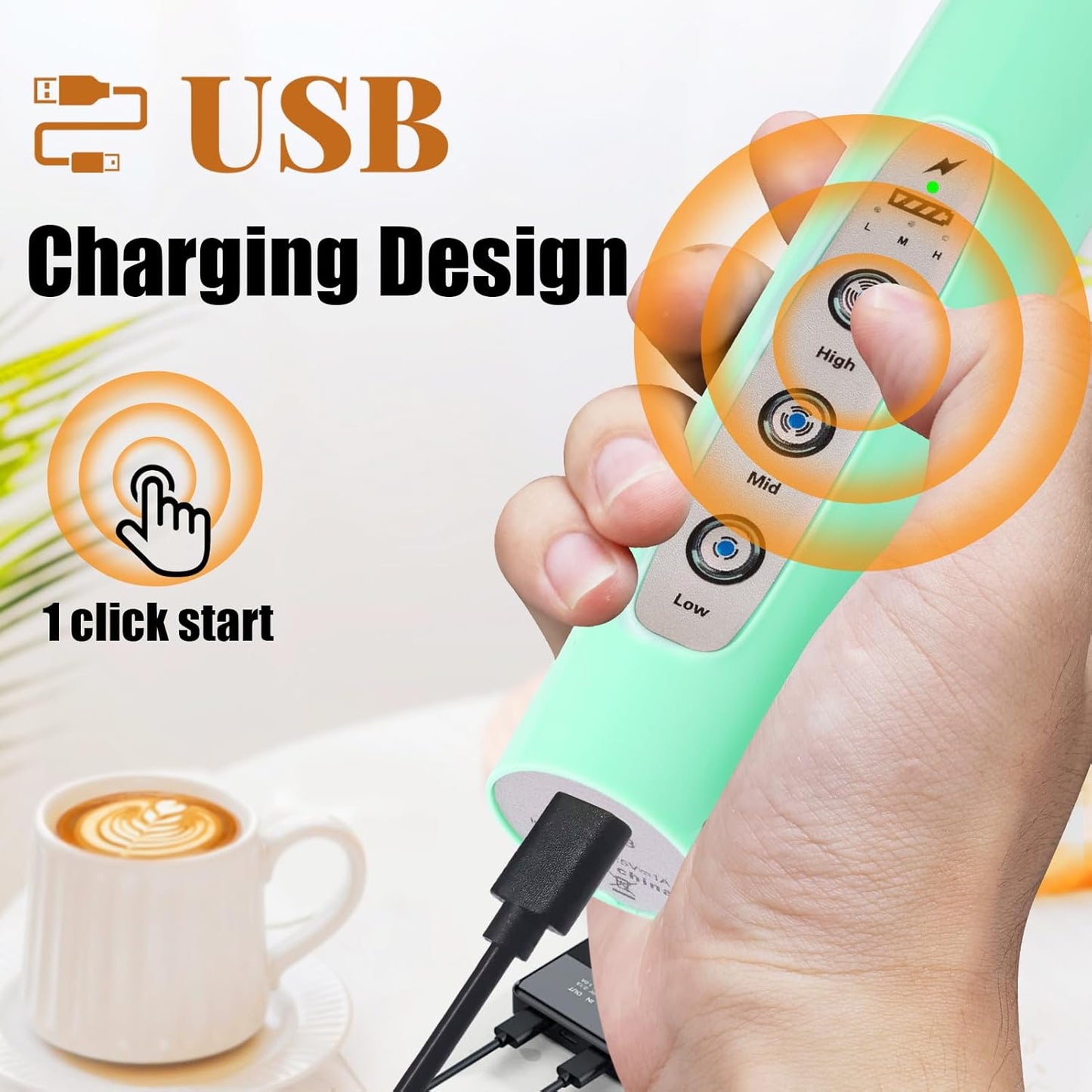 Nahida Baby Blue Milk Frother Wand for Coffee, Frother Handheld Rechargeable Electric Whisk with 3 Heads 3 Speeds Drink Mixer Coffee Frother Foam Maker For Latte, Cappuccino, Hot Chocolate, Egg