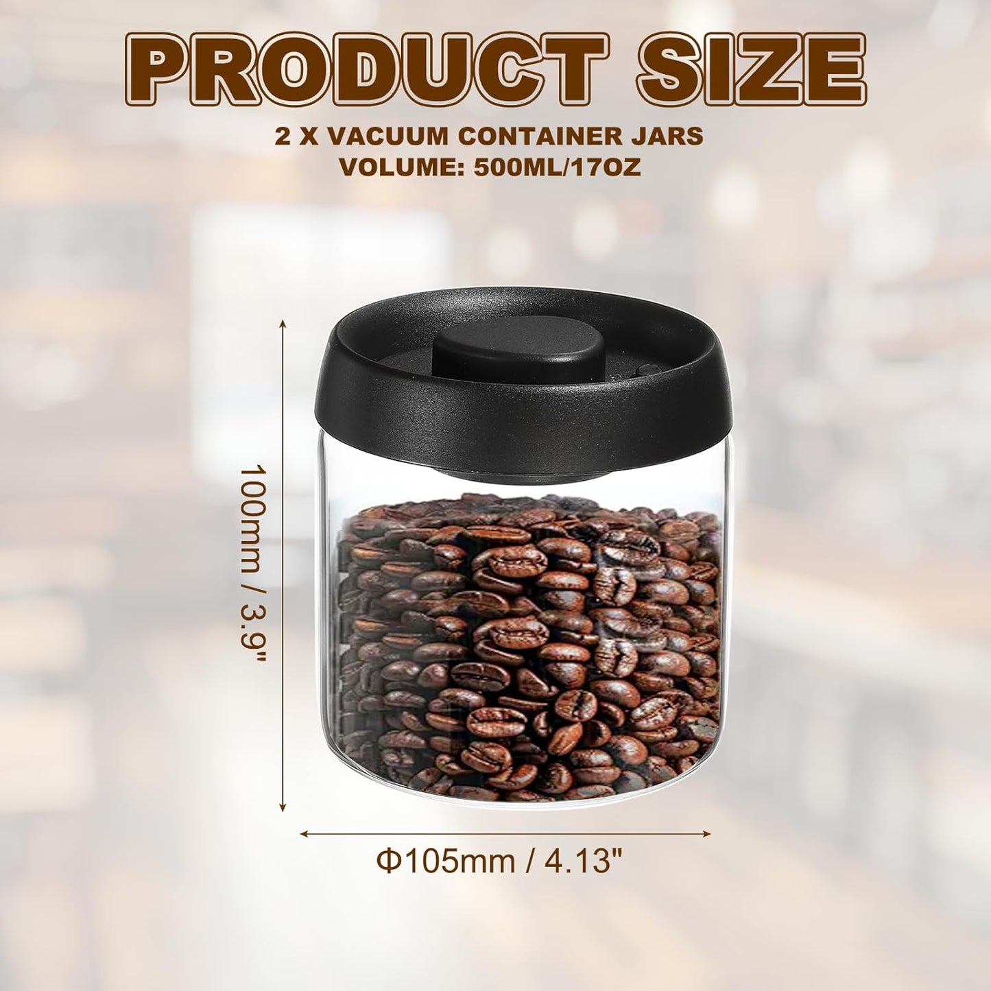 uxcell 2pcs Coffee Vacuum Container, 500ml/17oz Glass Coffee Bean Storage Container with Lids for Spices Biscuits Loose Leaf Tea, Black