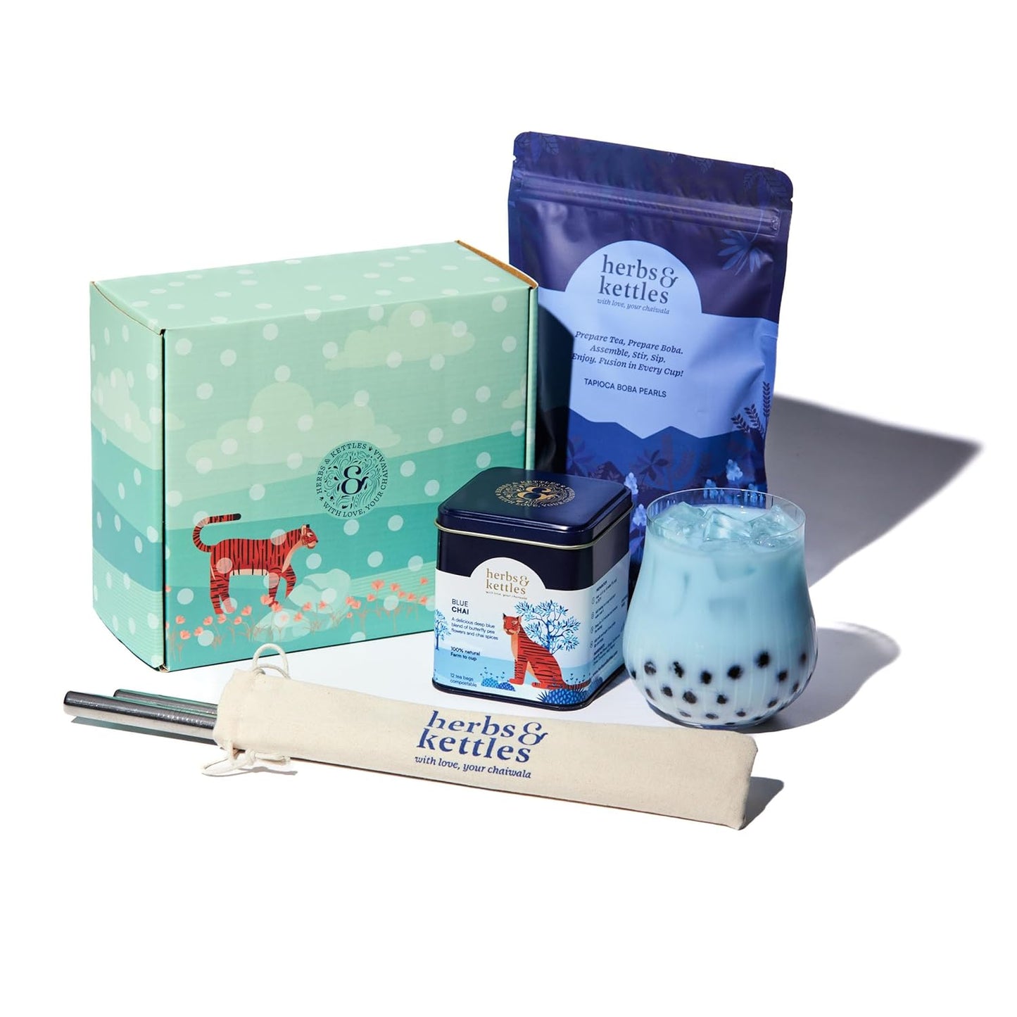 Herbs & Kettles Blue Chai Boba Kit | Butterfly Pea Flower Chai with Ginger, Cardamom, Cloves & Cinnamon + Chewy Tapioca Pearls | Complete DIY Caffeine-Free Bubble Tea Kit with Reusable Straws |