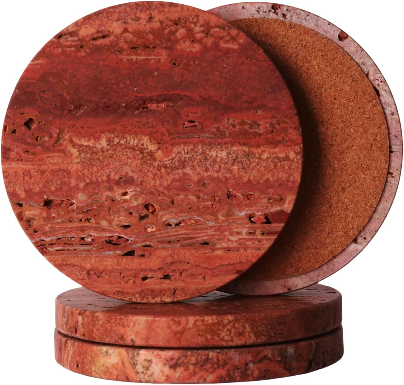 CASACOUTURE-Red Travertine-Stone-Coasters Set of 4-Round -4" Diameter Drink Coasters for Housewarming Desktop Protection Suitable for Various Cups - Sturdy and Durable Aesthetics