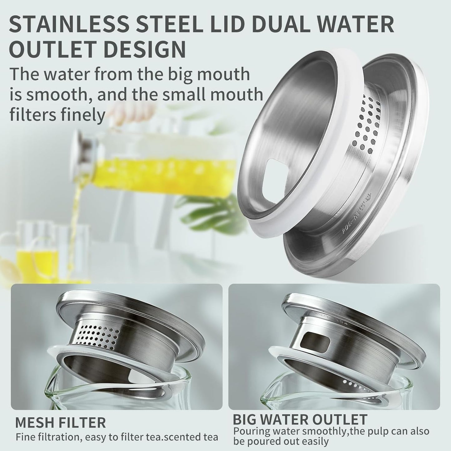 42OZ Glass Pitcher with Lid and Spout, Water Jug, 1250ml Carafe for Hot/Cold Water, Large Iced Tea Pitcher for Coffee, Juice and Homemade Beverage