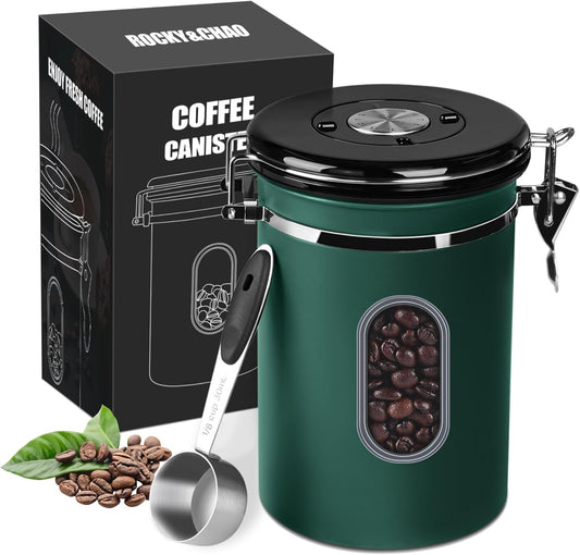 ROCKY&CHAO Airtight Coffee Canister with Date Tracker & Transparent Window, 22OZ Large Tea Coffee Canisters, Coffee Storage Canister, Coffee Container with 30ml Measure Spoon and 4 Co2 Valve(Green)