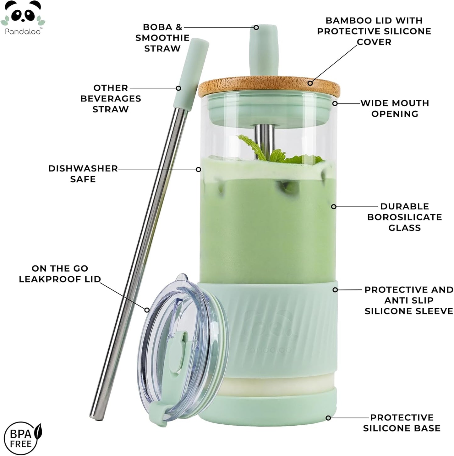 Pandaloo® Glass Cups With Lids and Straws -20 Fl Oz- Perfect Size Iced Coffee Cup - Smoothie Cup With Bamboo Lid and On the go Lid (Sweet Sage, 1 Count (Pack of 1)