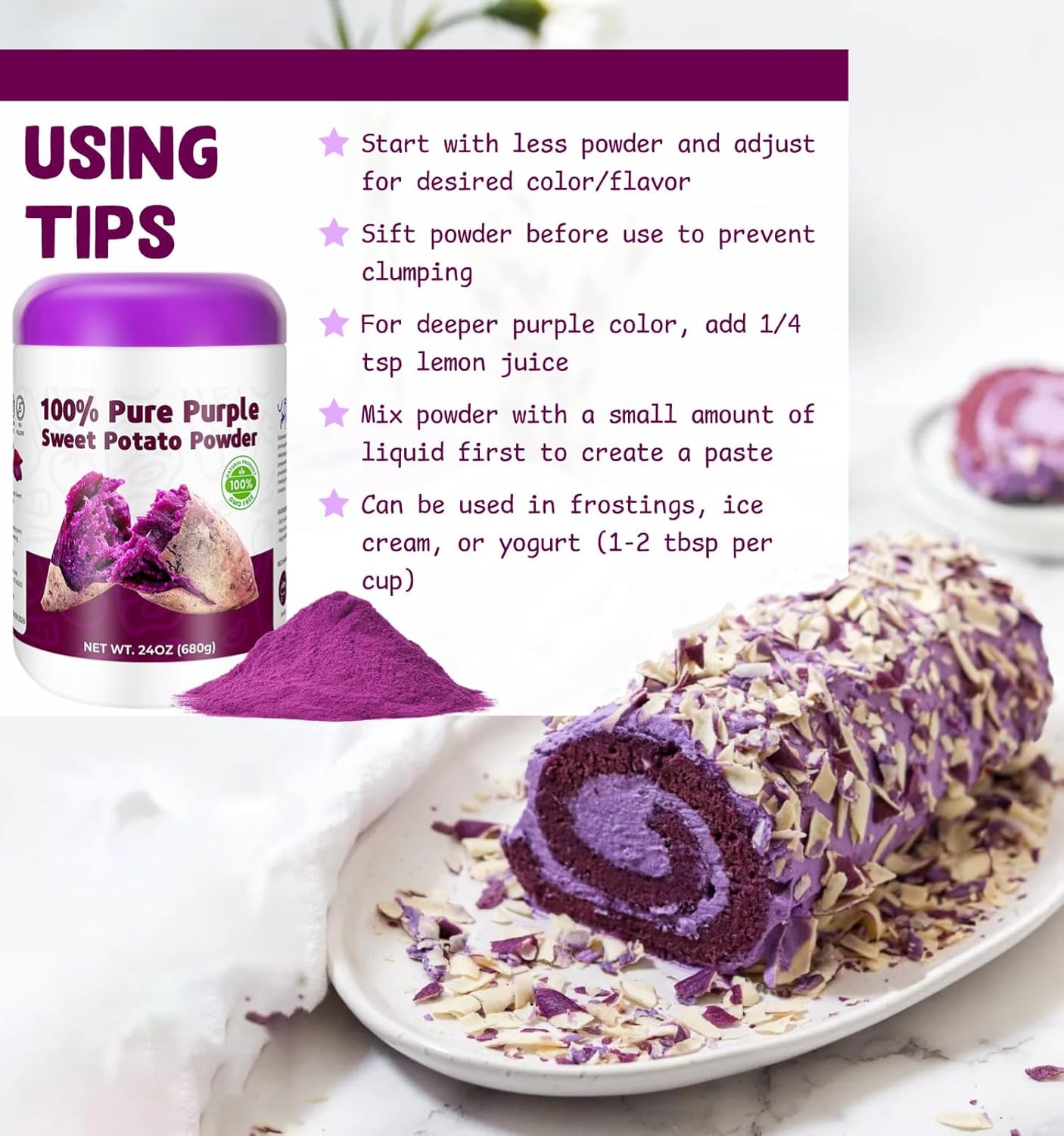 Purple Sweet Potato Powder 24oz (680g) - Natural Food Coloring for Baking, Drinks & Smoothies｜Ube/Purple Yam Alternative, Non-GMO, Gluten-Free, Resealable Fresh Pack