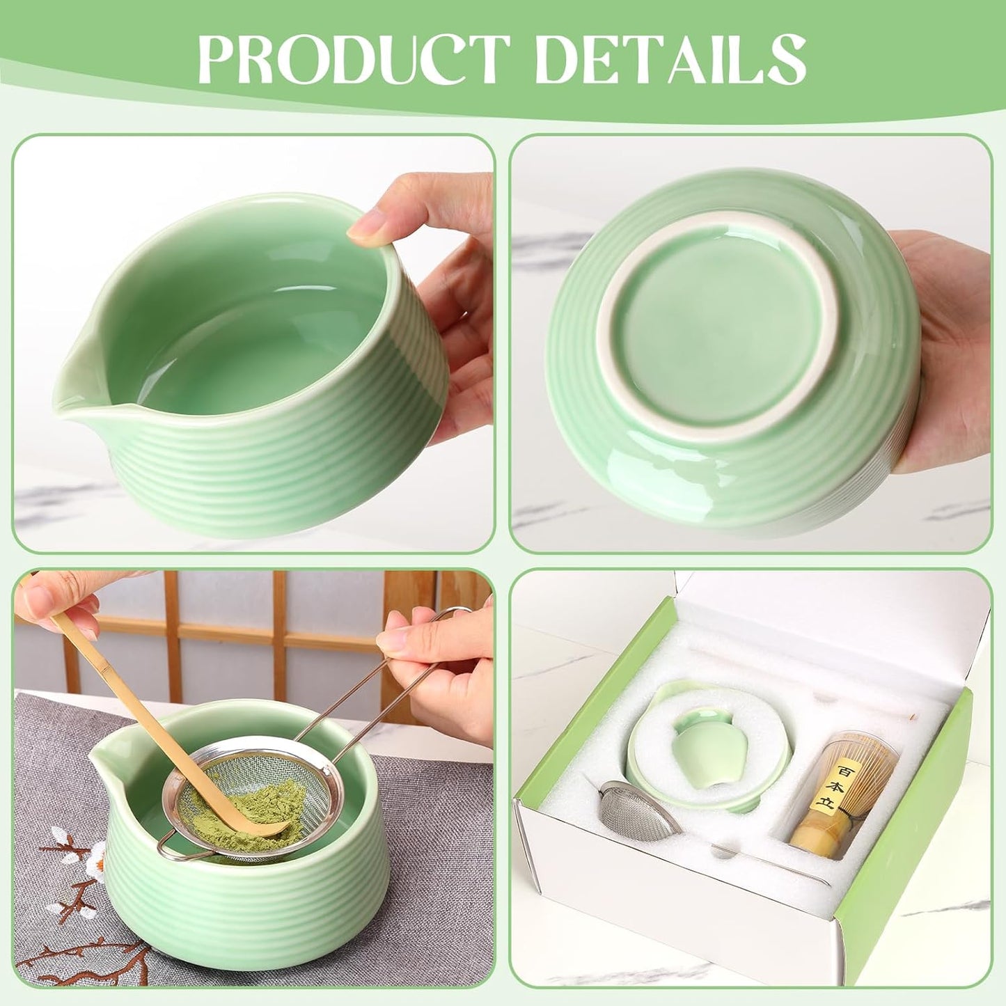 Matcha Whisk Set, Matcha Bowl with Spout, Matcha Whisk and Holder, Bamboo Scoop and Stainless Sifter - 5 Pcs Jade Green Matcha Kit for Matcha Lover