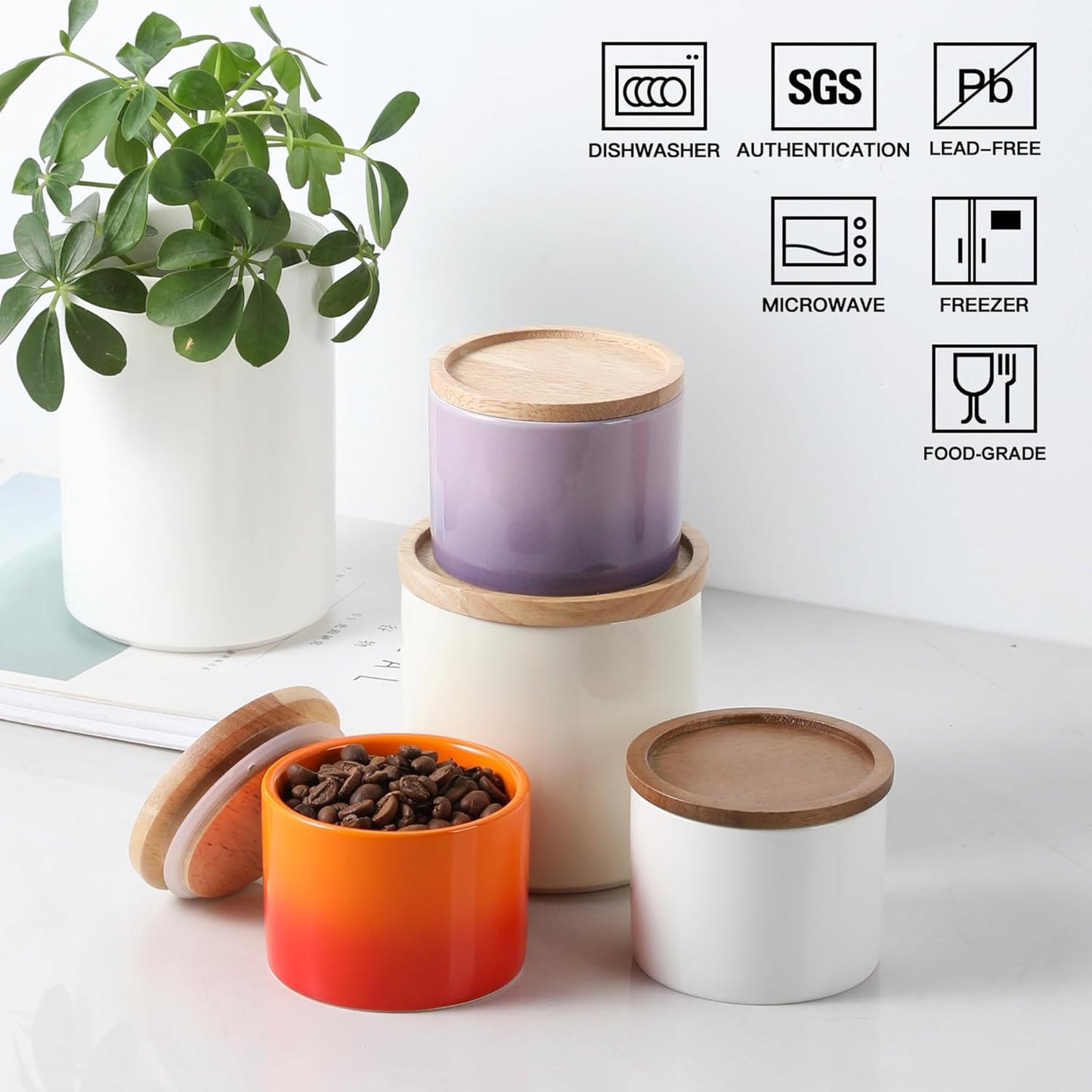 Sweejar Kitchen Canisters Ceramic Food Storage Jar, Stackable Containers with Airtight Seal Wooden Lid for Serving Ground Coffee, Tea, Sugar, Salt and More - 16 Fl Oz (Beige)