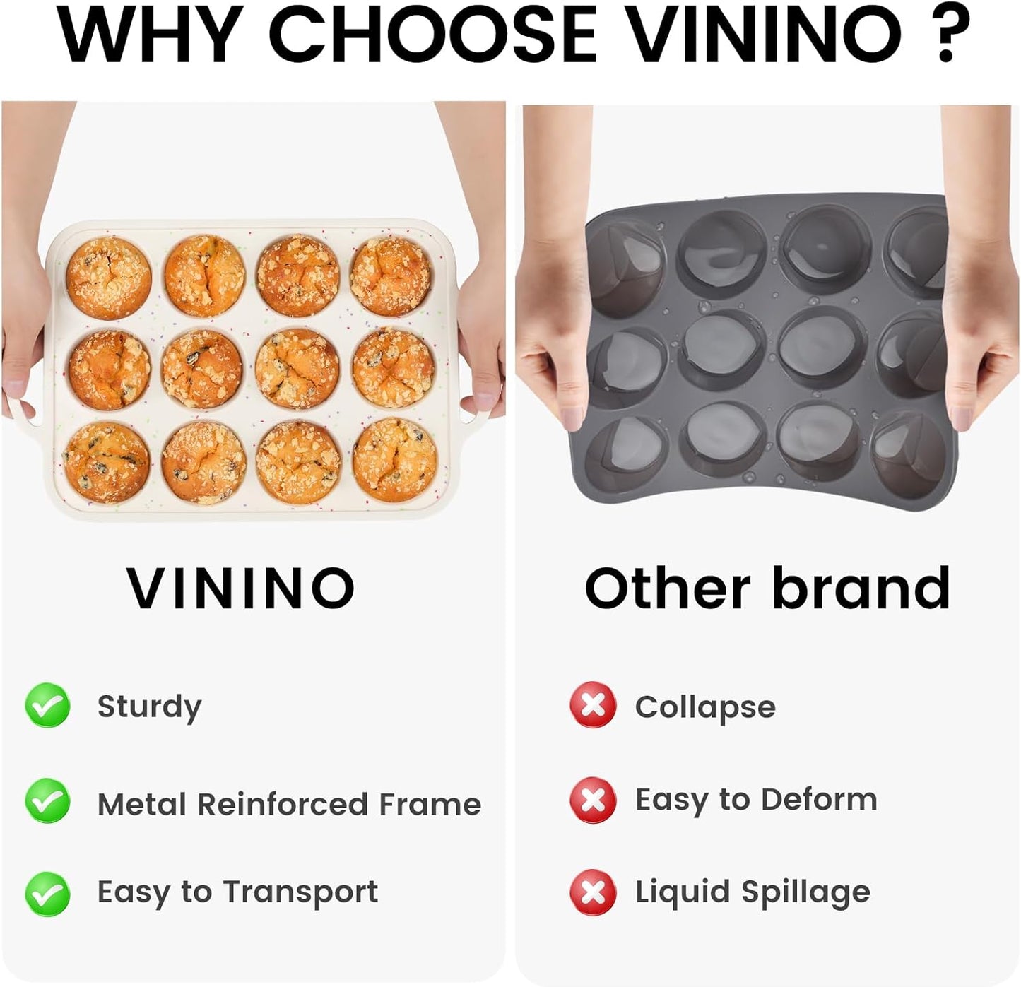 Vinino 2Pack Silicone Muffin Pan for Baking with Metal Reinforced Frame, Regular 12 Cup and Mini 24 Cup Nonstick Cupcake Pan Set, BPA Free Silicone Muffin Tray Molds for Oven Dishwasher Safe