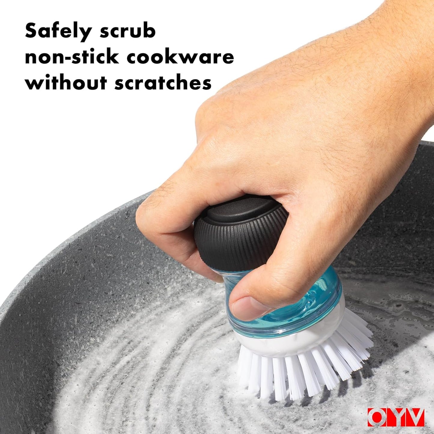 Soap Dispensing Palm Brush, Dish Brush Set with Silicone Drip Tray and One Refill, Kitchen Dish Scrub Brush for Cleaning Pots, Pans, Sinks