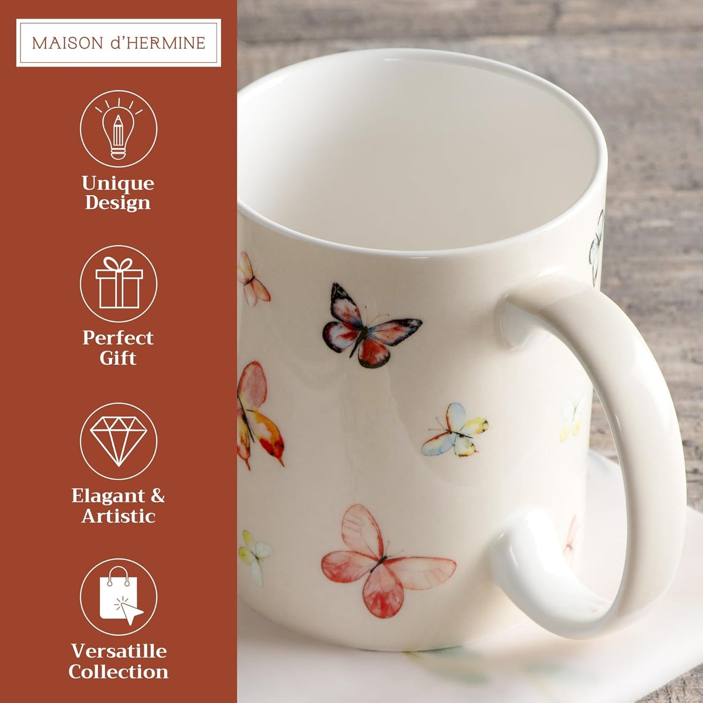 Maison d' Hermine Coffee Mug with Handles Fine Bone China Mugs Pack of One Tea Cups for Hot Beverages Cappuccino Latte Home Restaurant Office Perfect for Gift (Botanical Fresh - Butterflies, 12 Ounce)