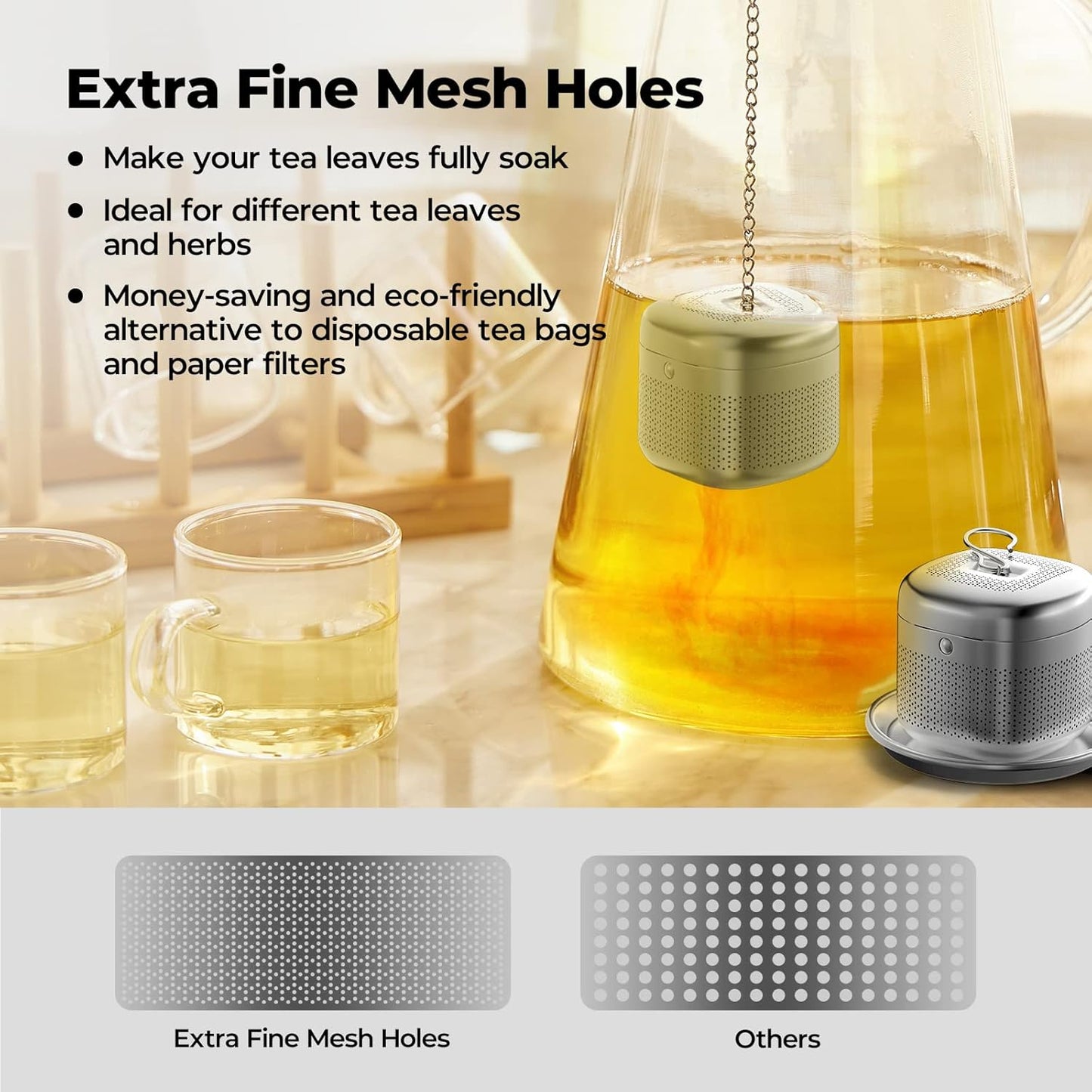 Reinmoson Tea Balls for Loose Tea, 304 Stainless Steel Extra Fine Mesh Tea Infusers for Loose Tea, Retractable Chain Design Tea Strainers for Loose Leaf Tea Single Cup, Come with 1 Saucer