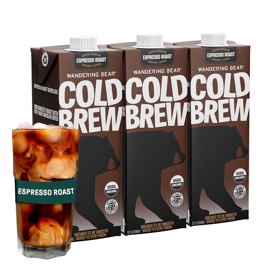 Wandering Bear Espresso Roast Organic Cold Brew Coffee, 32 fl oz, 3 pack - Extra Strong, Bold, Smooth, Unsweetened, Shelf-Stable, Ready to Drink, 100% Organic, Iced Cold Brewed Coffee Drinks