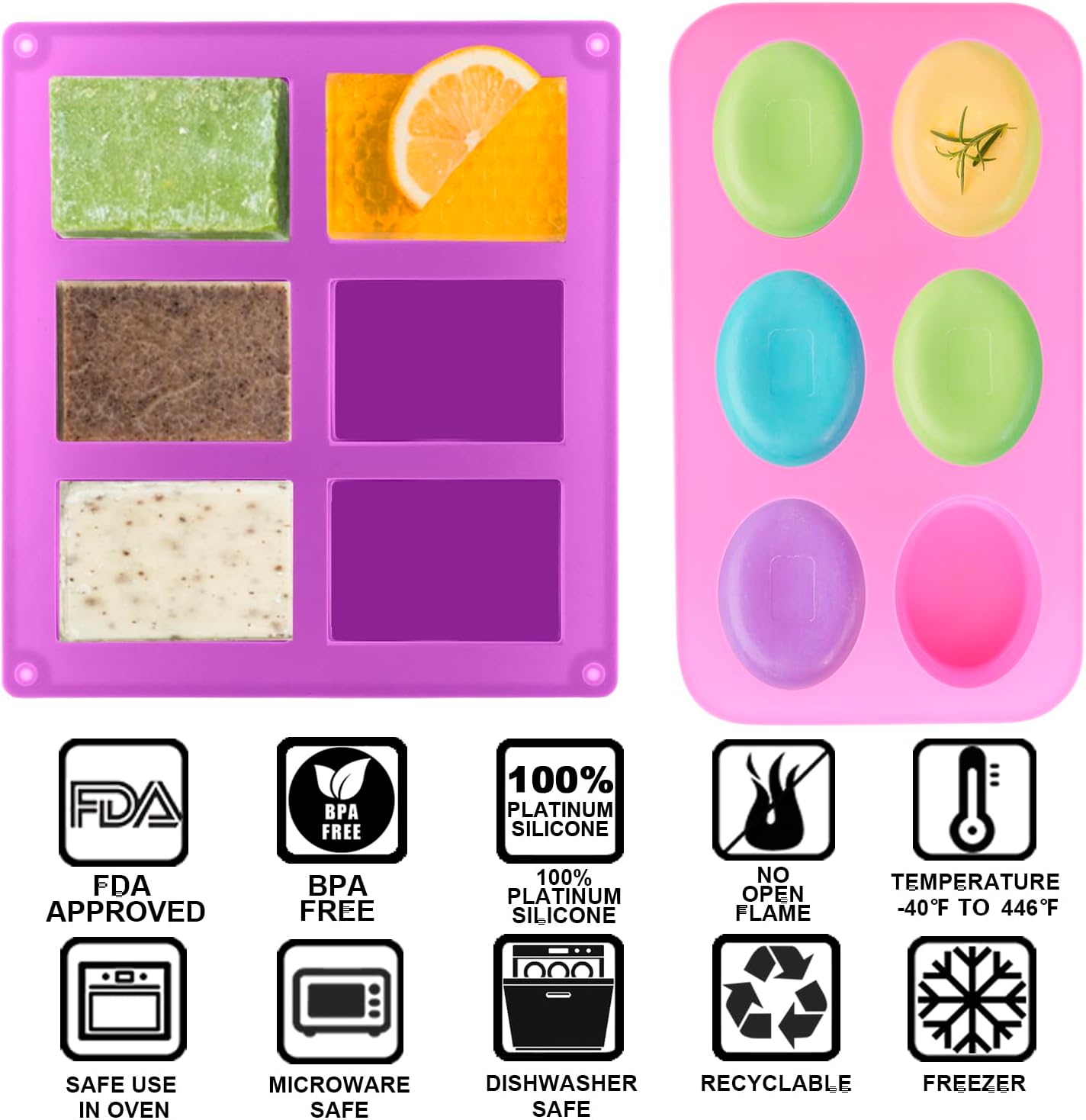 Silicone Soap Molds, Oval & Rectangle Soap Bar Mold, 6 Cavities DIY Mould for Homemade Craft Soap, Pudding, Muffin, Chocolate, Brownie, Cornbread, Cheesecake, Cake & Ice Cube - Just Pop Out