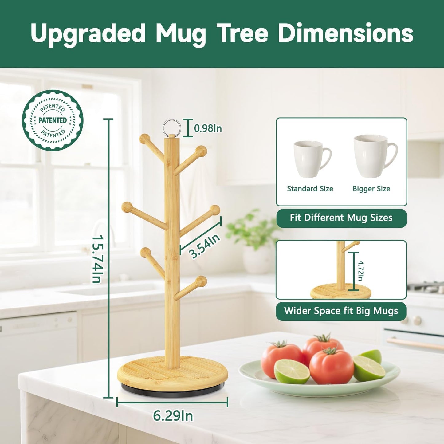 EsLuker.ly Mug Holder Tree Bamboo 360° Rotating Coffee Cup Display Rack with 6 Hooks for Home Kitchen Counter, Upgrade Wood Mug Stand Station Organizer, Building Your Dream Coffee Corner