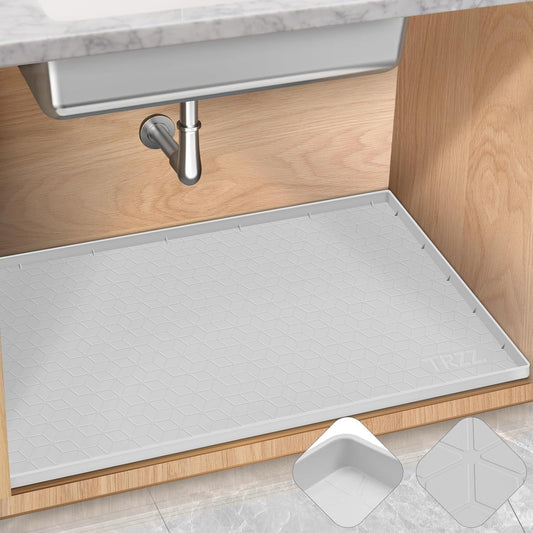 TRZZ Silicone Waterproof Under Sink Mat 28" x 22", Drip Tray and Cabinet Liner for Kitchen and Bathroom, Prevents Water Damage and Organizes Cabinets (Light Grey)