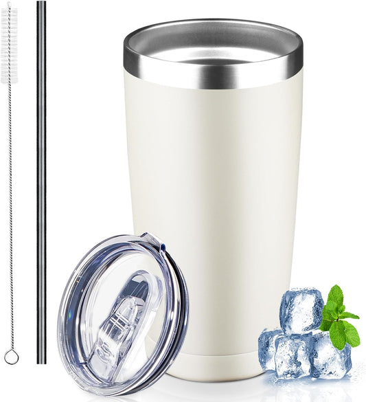 20 oz Tumbler with Lids and Straws, Stainless Steel Insulated Coffee Tumbler, Double Wall Vacuum Insulated Travel Mug Cup, Leakproof Thermal Coffee Cup for Hot and Cold Drinks (cream)