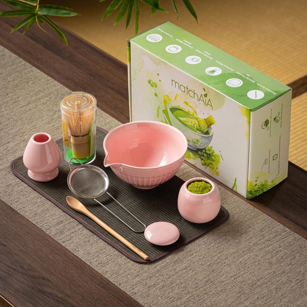 6 Pcs Matcha Set - Ceramic Bowl with Spout, Matcha Whisk with Holder, Tea Powder Canister, Sifter and Spoon, Complete Kit for Traditional Matcha, Modern Lattes, and Tea Ceremonies (Pink)