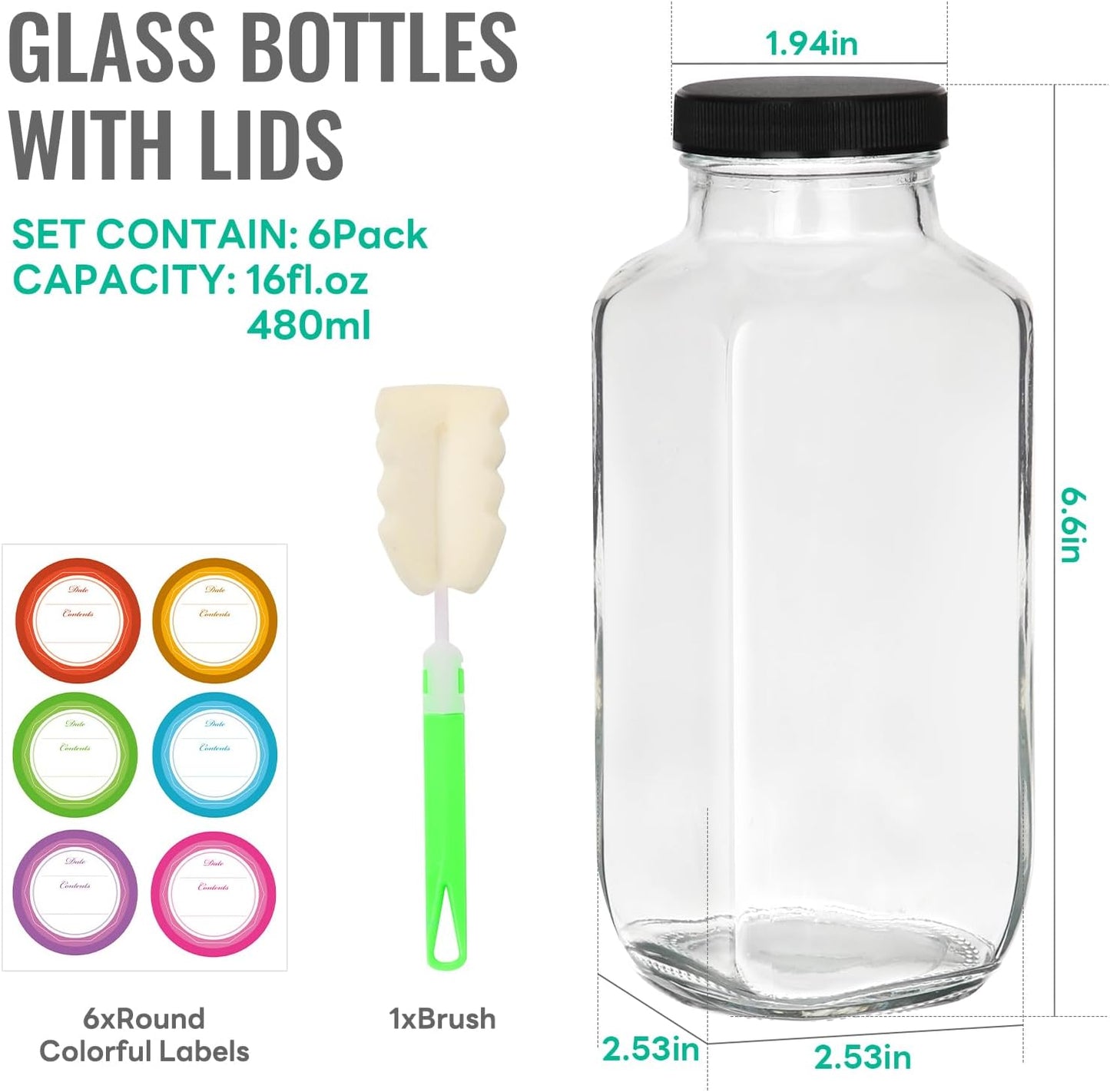 16 oz Glass Juice Bottles with Lids 6 Pack,Reusable Glass Drink Bottles,500ml Water Drinking Jars for Milk,Juicing,Kombucha,Ginger,Beverage Glassware,Juice Drinking Jars