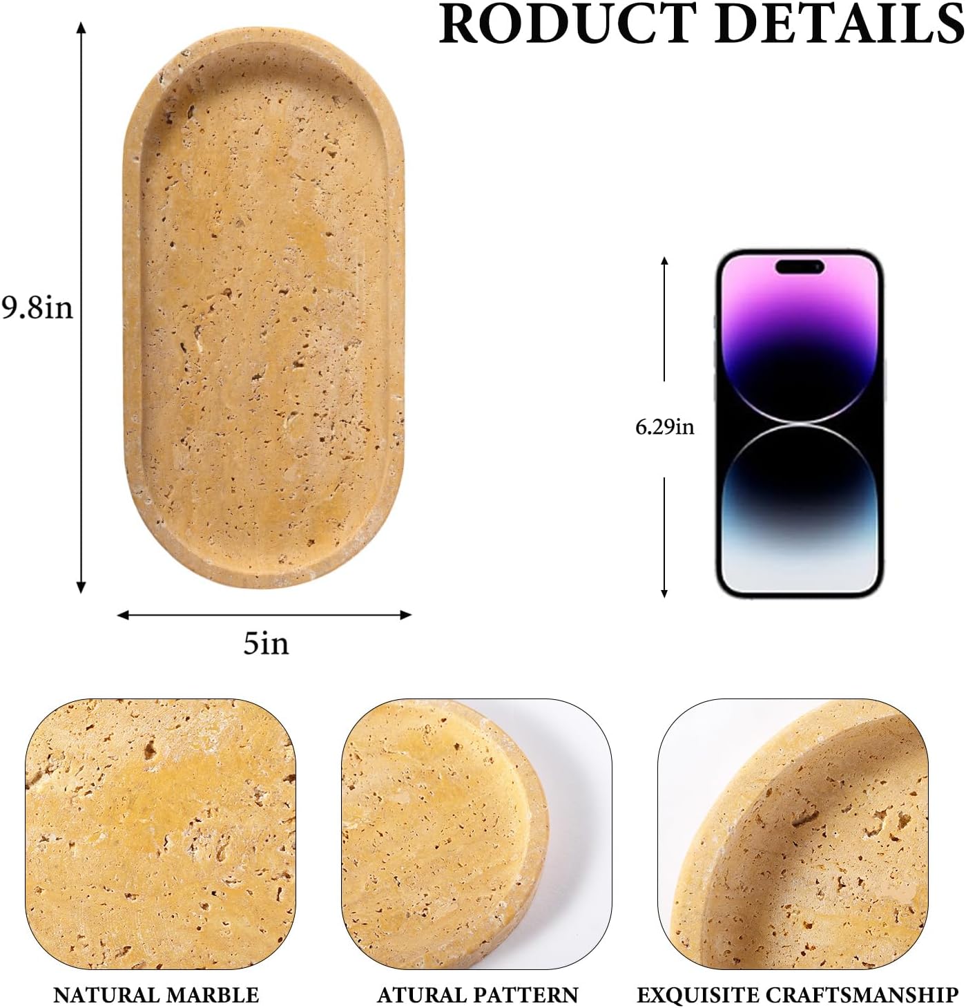 Koville Natural Travertine Tray for Bathroom Vanity, Noble Golden Yellow Bathroom Marble Trays for Countertop Organizer, Decorative Home Décor Catchall Tray for Perfume, Candles, Jewelry Dish Trays