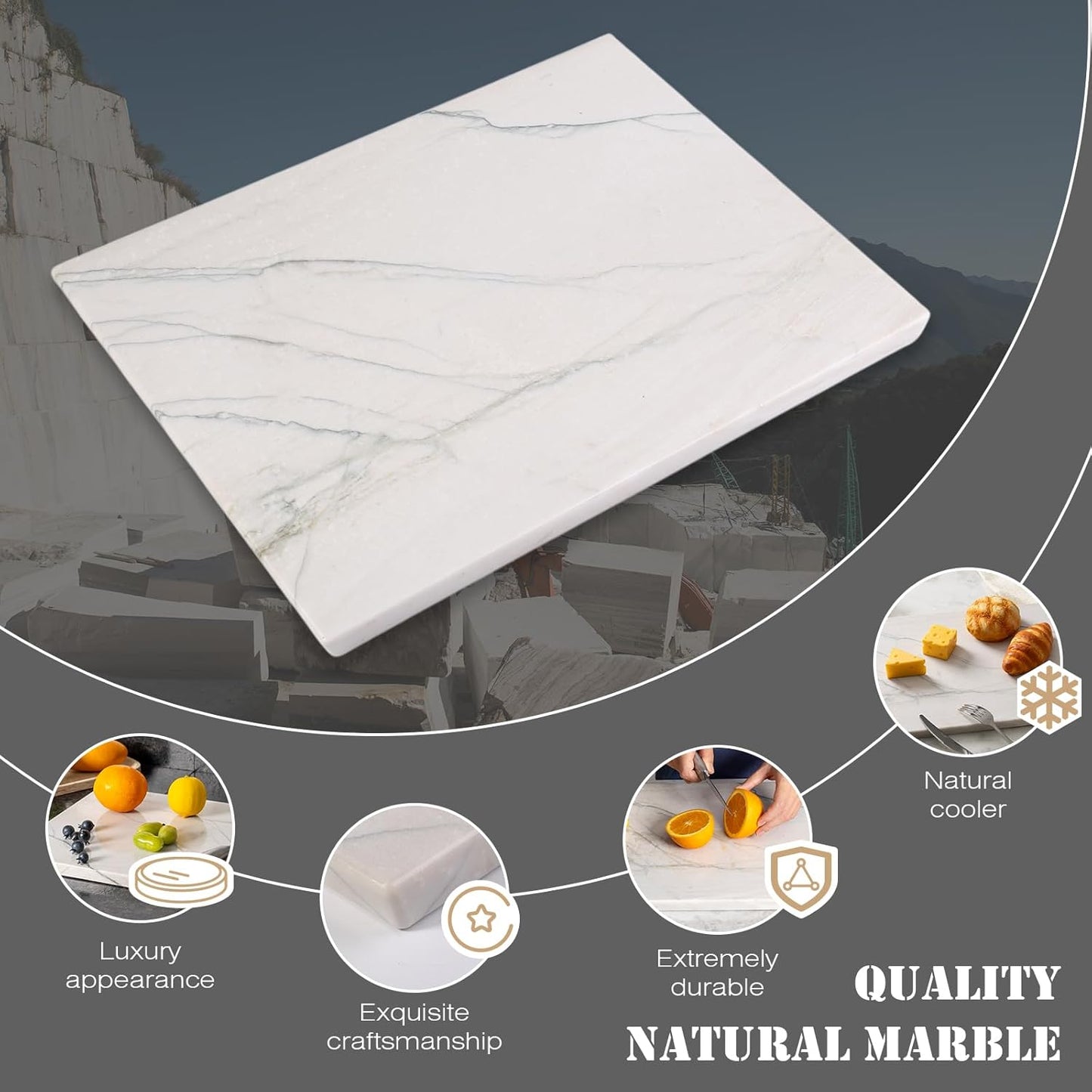 Koville Marble Pastry Board Cutting Boards for Kitchen Counter, 16" x 12" Natural White Marble Cutting Board Cheese Board, Stone Charcuterie Slab, Heat Resistant Rectangular Serving & Chopping Slab