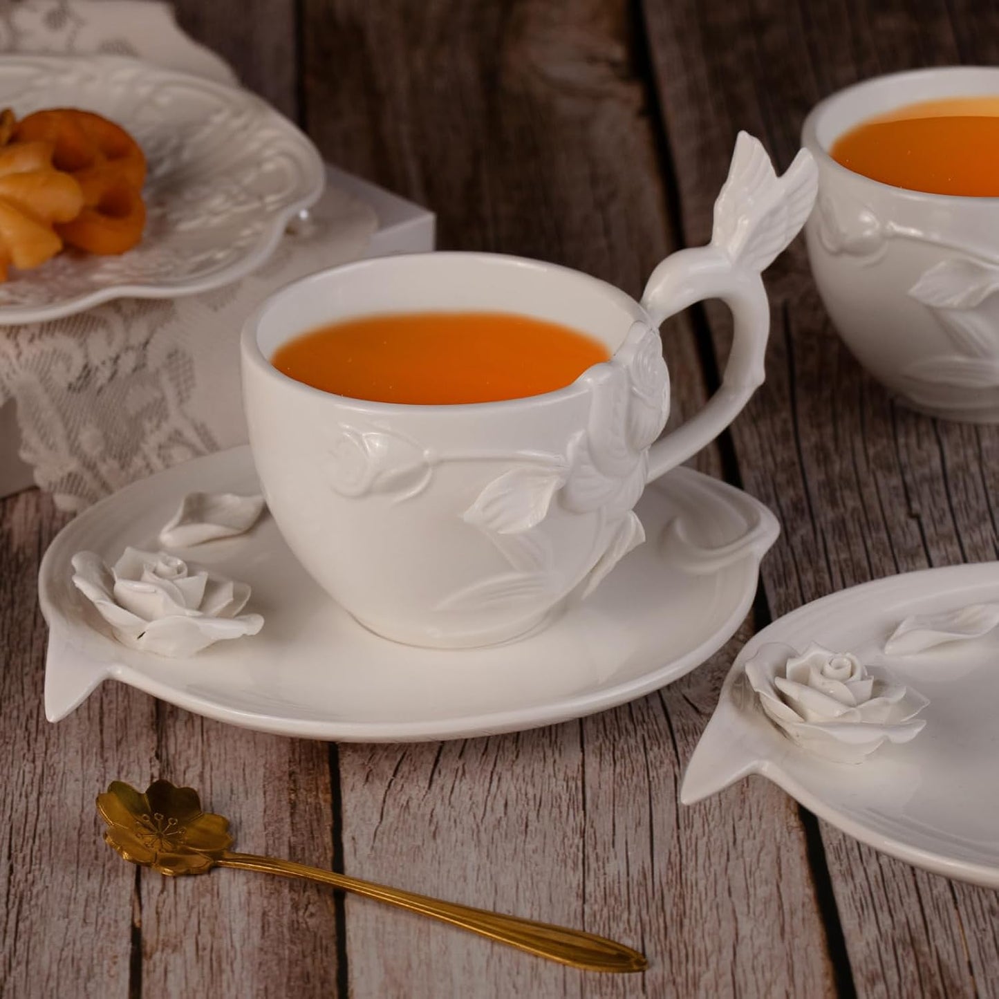 KAMMAK Tea Cups and Saucers Set of 2, Porcelain Coffee Cups, 8.5-Ounce Stackable Espresso Mugs, Ceramic Demitasse for Coffee, Latte, Americano, Tea, Cubic Rose