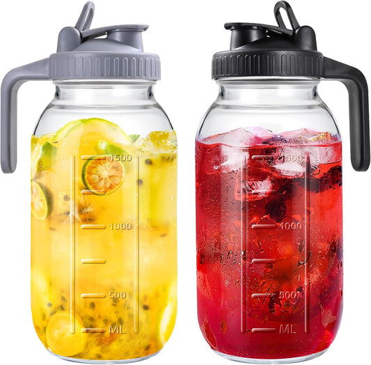 Mason Jar Pitcher, 64 OZ 2 Pack Glass Pitcher with Lid Double Leak-proof with Handle Water Jug Wide Mouth Breast Milk Pitcher Fridge Container for Water, Juice, Iced Coffee, Tea, Juice - Black+Grey