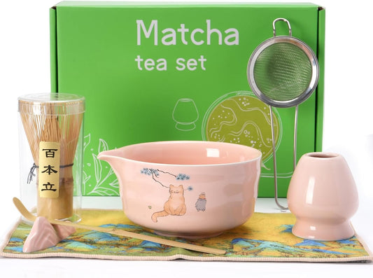 Matcha Whisk Set, Ceramic Matcha Set Includes Matcha Bowl, Matcha Whisk and Holder, Bamboo Scoop, Scoop Rest, Sifter and Tea Towel - 7 Pcs Matcha Kit(Pink)