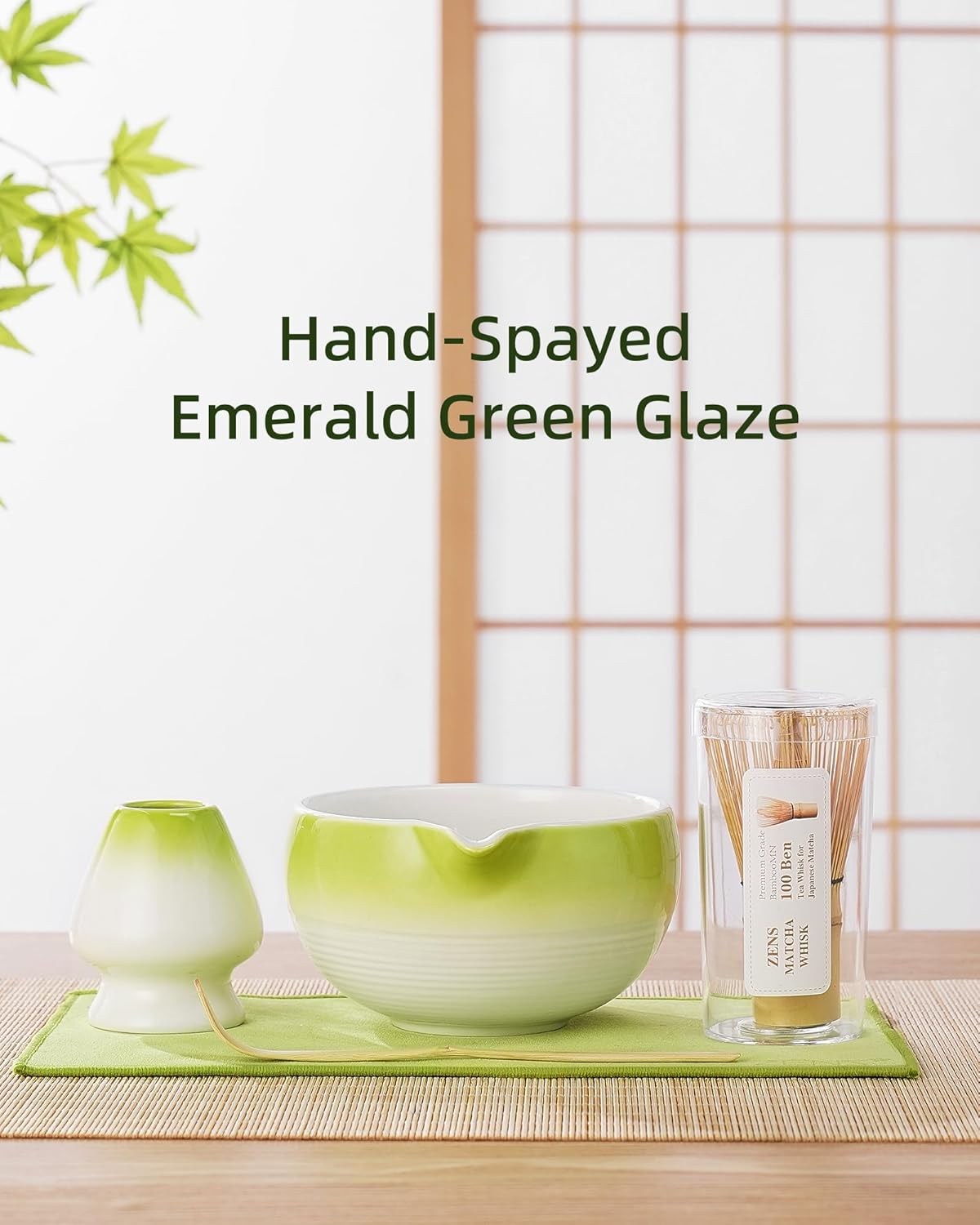 ZENS Matcha Whisk Set, 15oz Hand-Glazed Matcha Bowl with Spout and Bamboo Whisk, Whisk Holder (Chasen), Scoop & Tea Towel, 5pcs Matcha Tea Set Gift for Matcha Ceremony, Green