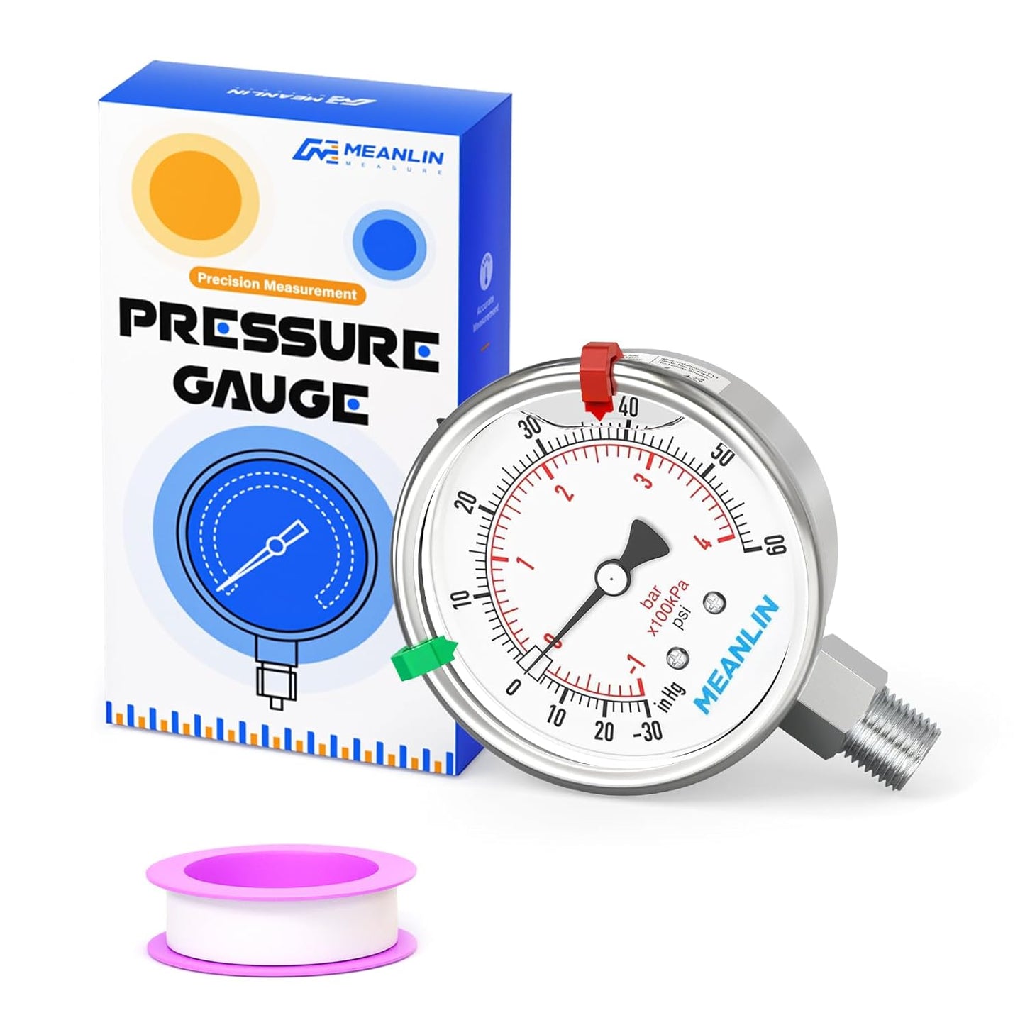 MEANLIN MEASURE -30inHG~60Psi Vacuum Pressure Gauge 316 Stainless Steel Joint 1/4" NPT 2.5" FACE DIAL, Stainless Steel Liquid Filled Pressure Gauge WOG Water Oil Air Lower Mount, 2PCS Snaps