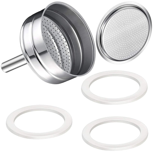 Moka Express Replacement Funnel Kit, 3 Packs Gasket Seals, 1 Stainless Steel Funnel with 1 Pack Stainless Filter (3-Cup)
