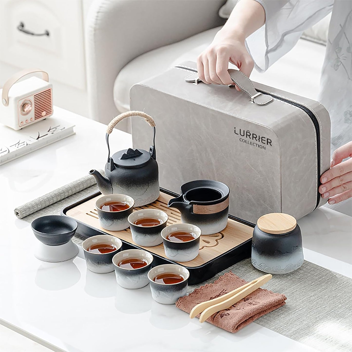 LURRIER Gongfu tea sets, Portable Ceramic TeaSet, Asian Tea sets for adult, Tea Gift sets, Grey leather case, Portable Travel Bag,Home,Gifting,Outdoor and Office(Black and White)