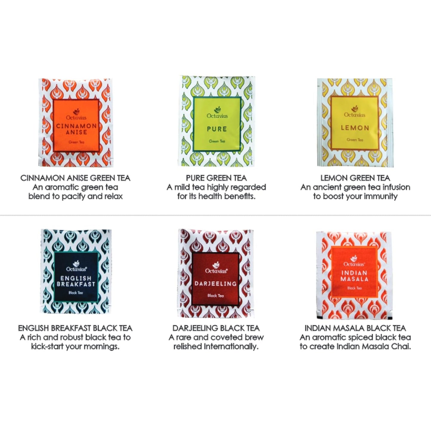 Octavius Gift's Select - Assorted Tea in Leafcut Design Wooden Box | 6 Flavors, 60 Tea Bags | Black & Green | Premium Tea Gifts for Women & Men | Pack of 1