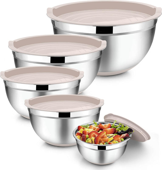 TeamFar Khaki Mixing Bowls, Stainless Steel Metal Nesting Salad Bowls with Airtight Lids Set of 5, Healthy & Heavy Duty, Non-slip Bottom & Airtight Lid, 7/3.5/2.5/1.5/1 QT