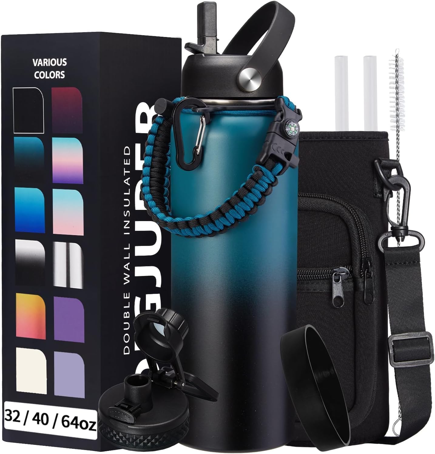 Vacuum Insulated Water Bottle 40oz - with Straw & Spout Lids, Paracord Handle, Shoulder Carrier Bag, Sport Stainless Steel,Double-Wall Metal Water Bottle Thermo Hydro Mug Flask