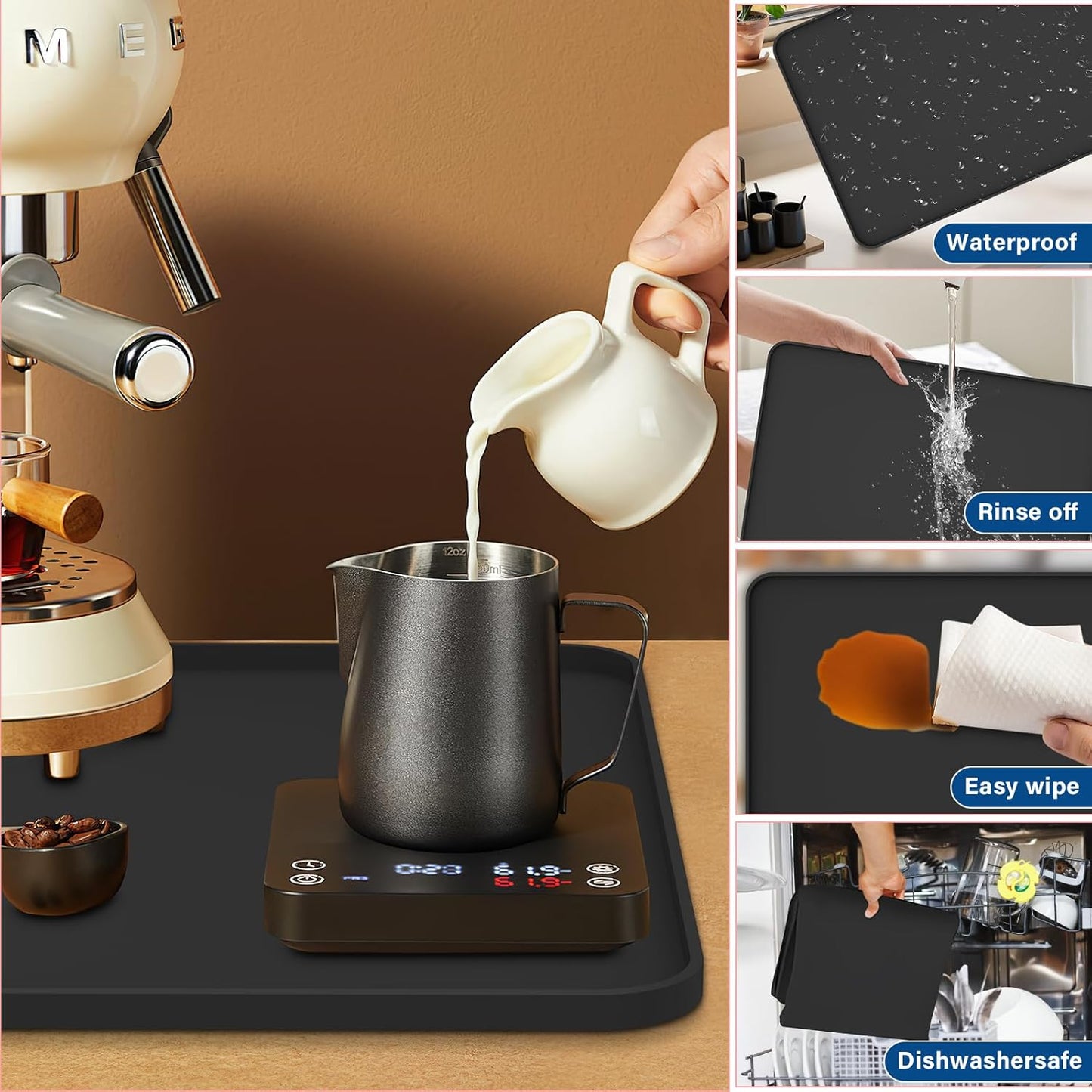 Silicone Coffee Mat - Removable Bar Mat with Concave and Convex Design, Leak-Proof and Non-Slip, Suitable for Use Under the Coffee Machine to Keep the Countertop Clean (Black19"x12")