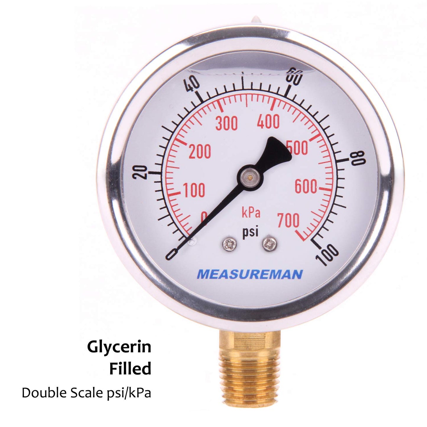 MEASUREMAN 2-1/2" Dial Size, Glycerin Filled Pressure Gauge, 0-100psi/kpa, 304 Stainless Steel Case, 1/4" NPT Lower Mount