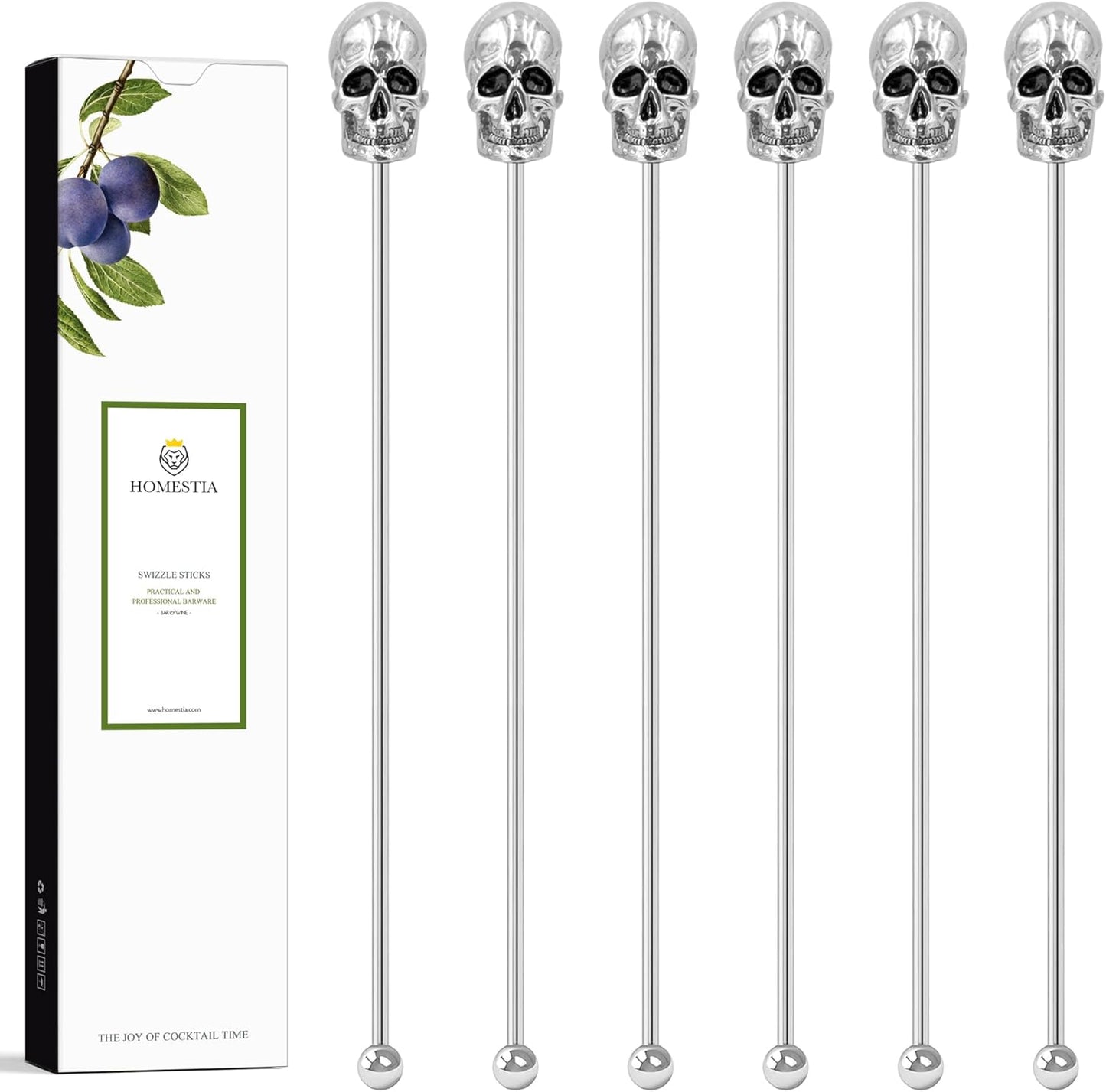 Homestia Coffee Stick Stainless Steel Swizzle Sticks Reusable Metal Stir Sticks Cocktail Coffee Drink Stirrer Spoon Beverage Cocktail Stirrers Stir with Skull Halloween Party (7.5'' Long, Set of 6)