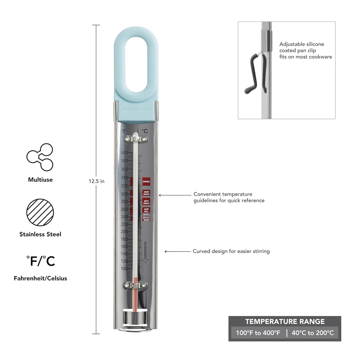 KitchenAid KQ907MW Curved Candy, Deep Fry and Craft Thermometer, Adjustable Silicone Coated Pan Clip, Mineral Water Handle