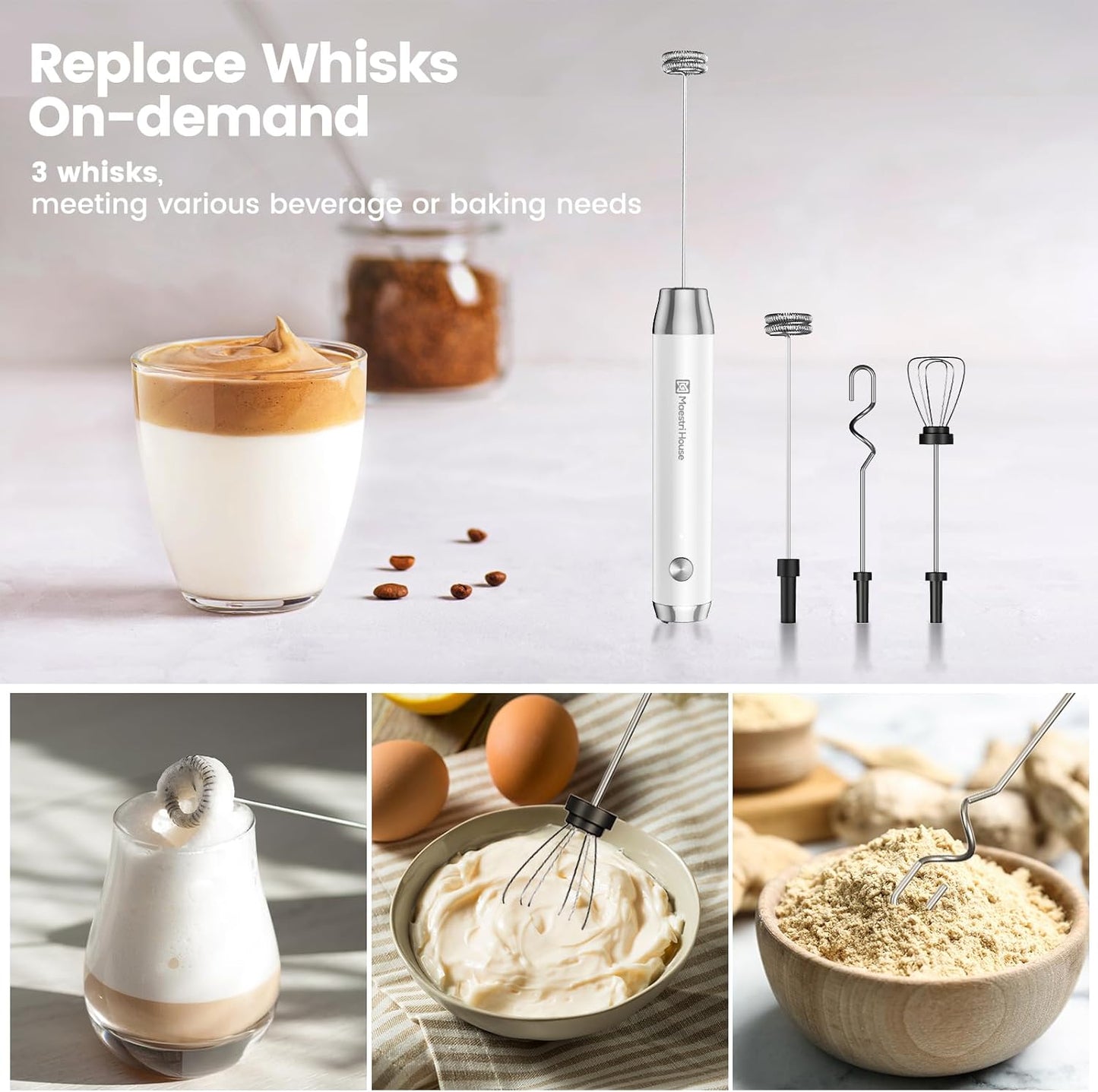 Maestri House Rechargeable Milk Frother with 3 Heads, LunaFro AS Handheld Electric Foam Maker Waterproof Detachable Stainless Steel Whisk Drink Mixer Foamer with Stand for Lattes, Cappuccino, Egg