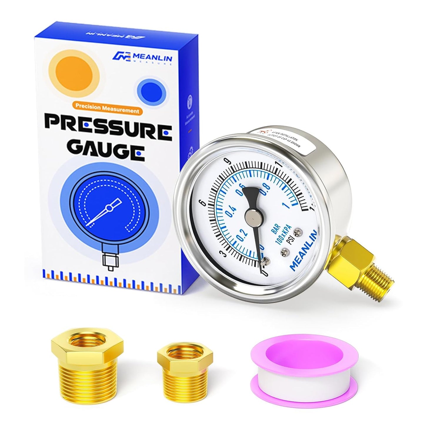 MEANLIN MEASURE 0~15Psi Dry Low Pressure Gauge Stainless Steel 1/" NPT 2" FACE DIAL Waterproof for Water Oil Air Well Pump Tank Tire Pressure Test Lower Mount, with 1/4" NPT and 3/8" NPT Hex Bushing