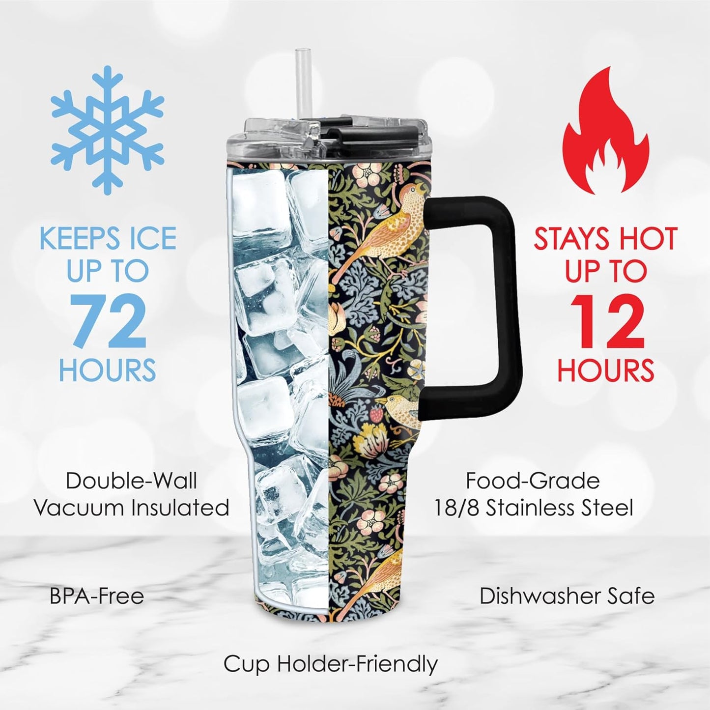 RainCaper 18/8 Stainless Steel Insulated Water Tumbler with Straw | 30oz, BPA-Free, Double Wall for Hot & Cold | Travel-Friendly, Cup Holder Ready (William Morris Morris Strawberry Thief)