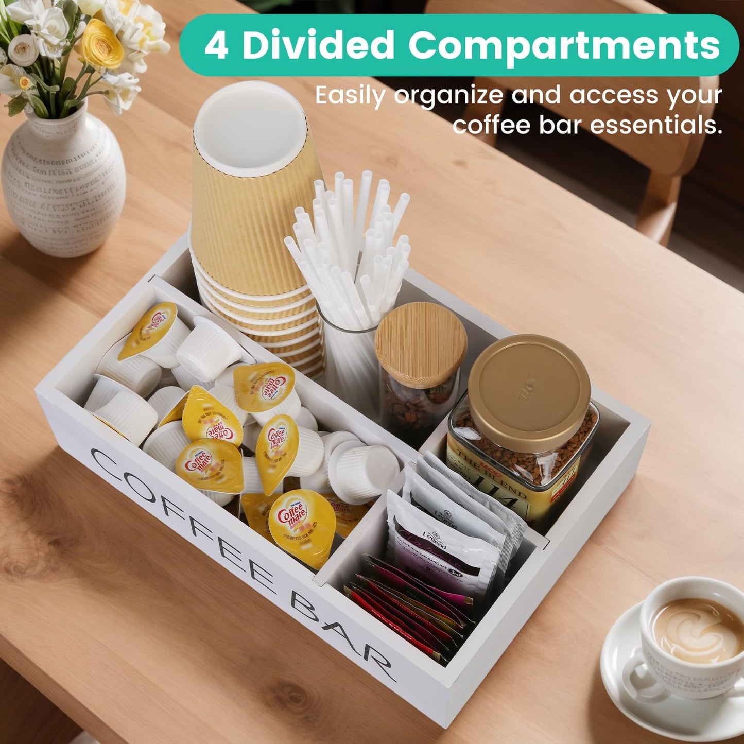 Coffee Bar Organizer – Wooden Coffee Station with 4 Compartments, Removable Dividers, and Condiment Storage for Home & Office