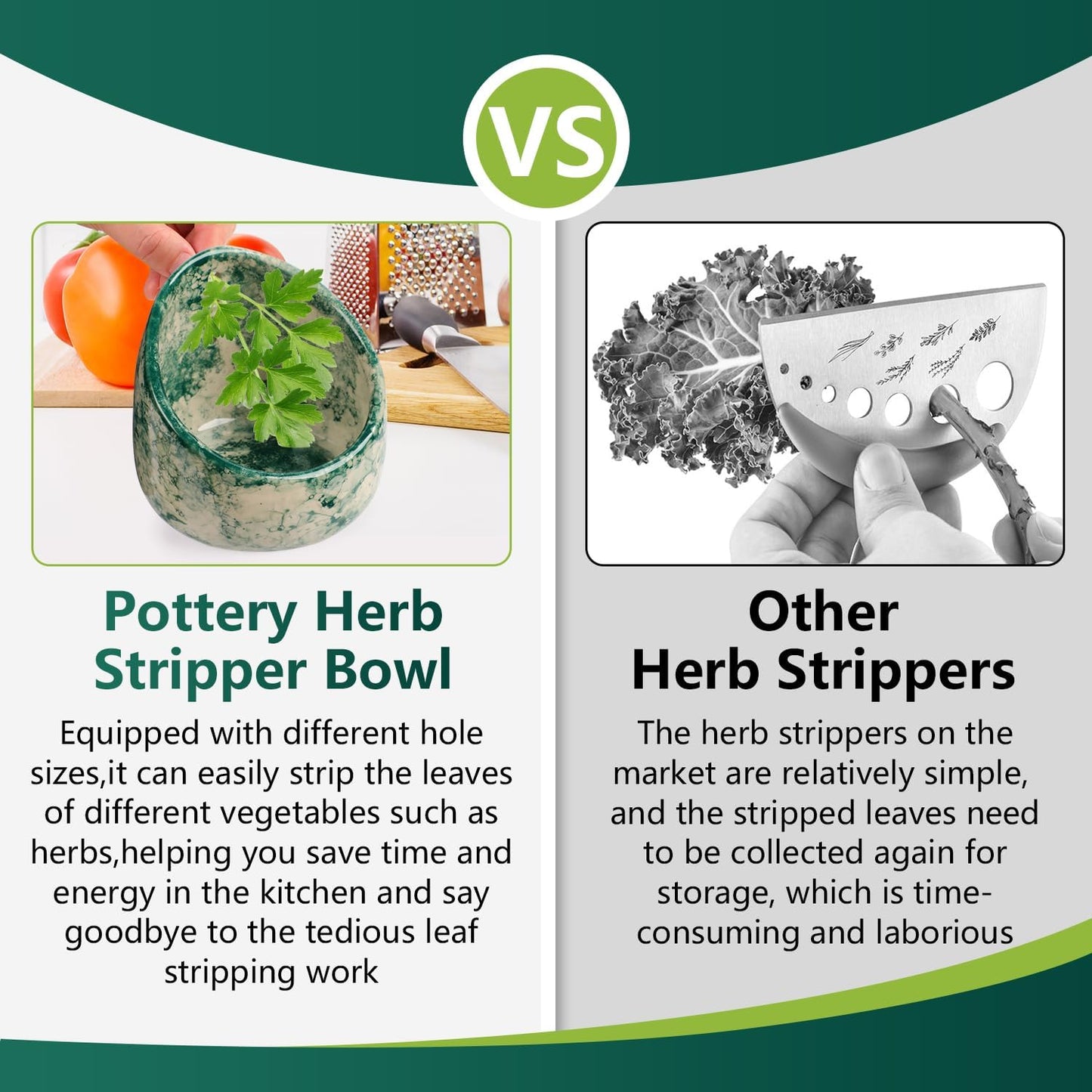 Pottery Herb Stripper Bowl, Handmade Ceramic Herb Peeling Bowl, for Separating Leaves and Stems (Green)