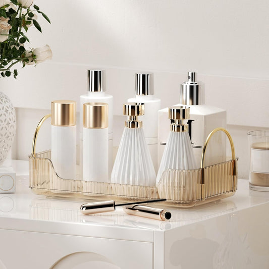 YCIA&DONE Bathroom Organizer Countertop, Makeup Storage, Skincare Cosmetic Tray Shelf, Perfume Holder Rack for Vanity Counter, Large Capacity, Easy to Install, Clean, 1 Tier, Amber Gold