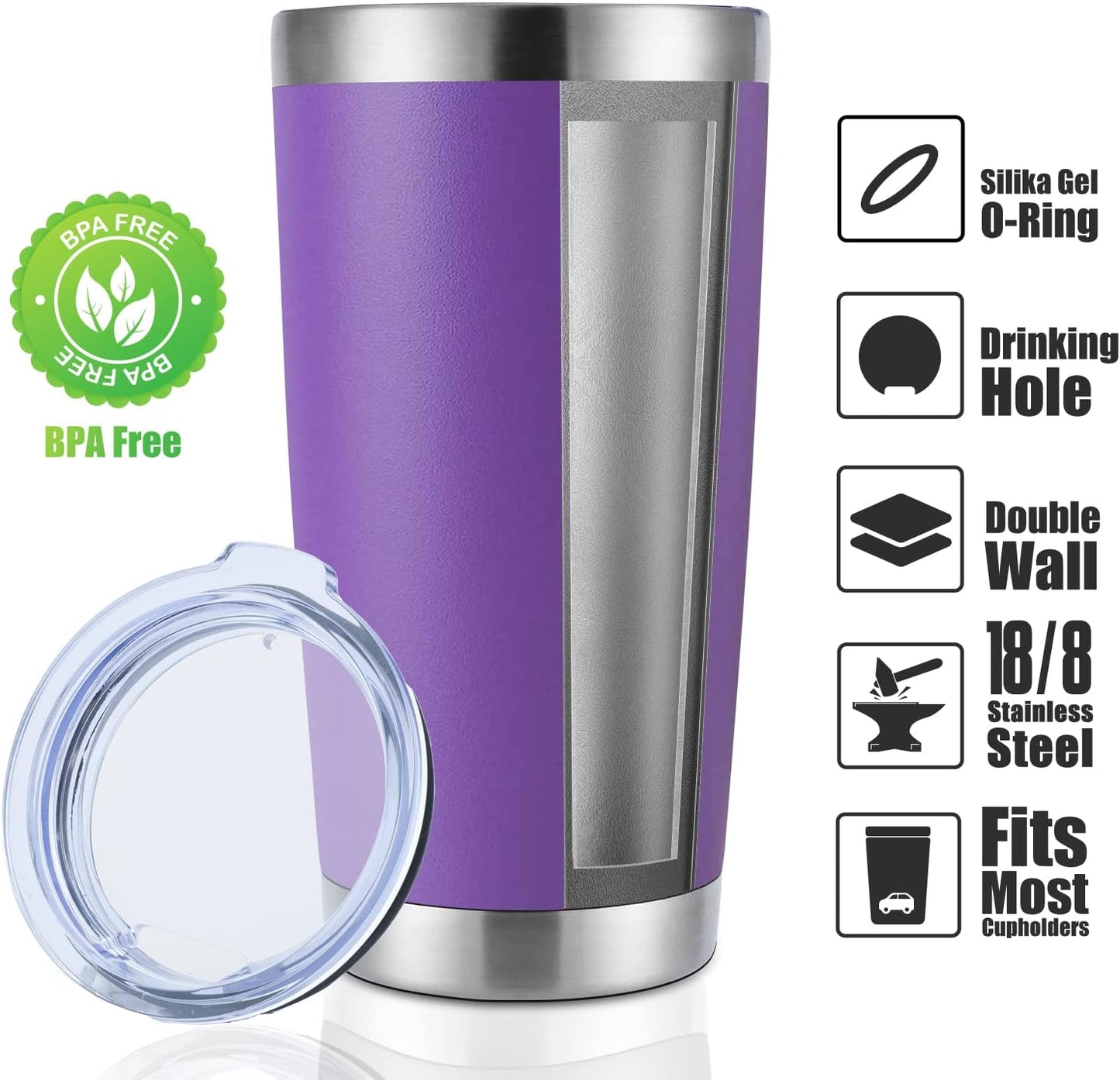 DOMICARE 20oz Stainless Steel Tumbler Bulk with Lid, Double Wall Vacuum Insulated Travel Mug, Powder Coated Coffee Cup (Powder Purple, 4)